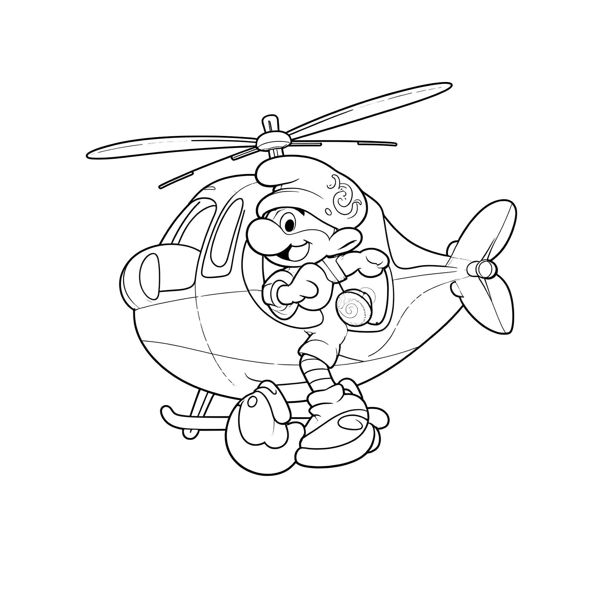 Smurf riding a fun helicopter Coloring Page (free black-and-white line drawing printable PDF for all, from beginners to advanced learners, including children, teens, adults, and seniors)