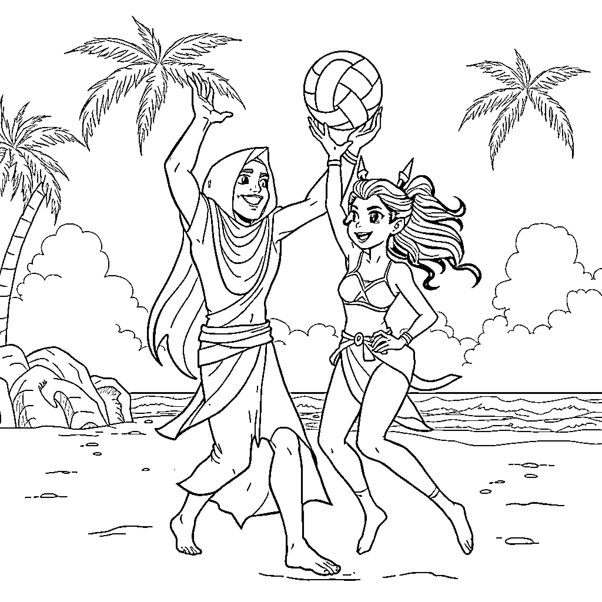 Demon Hunters on a Tropical Beach Adventure Coloring Page (free black-and-white line drawing printable PDF for all, from beginners to advanced learners, including children, teens, adults, and seniors)