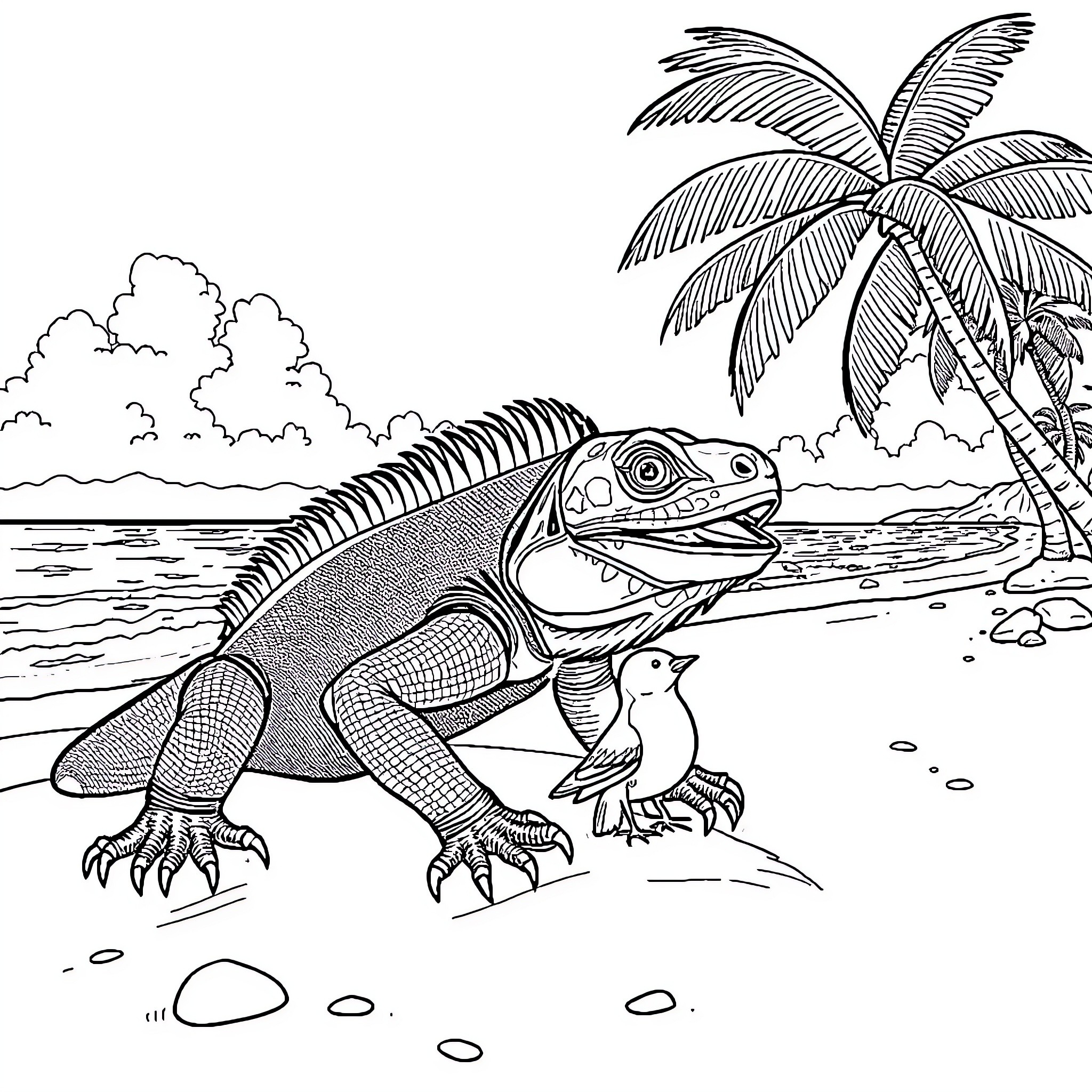 Iguana basking in tropical beach scenery Coloring Page (free black-and-white line drawing printable PDF for all, from beginners to advanced learners, including children, teens, adults, and seniors)