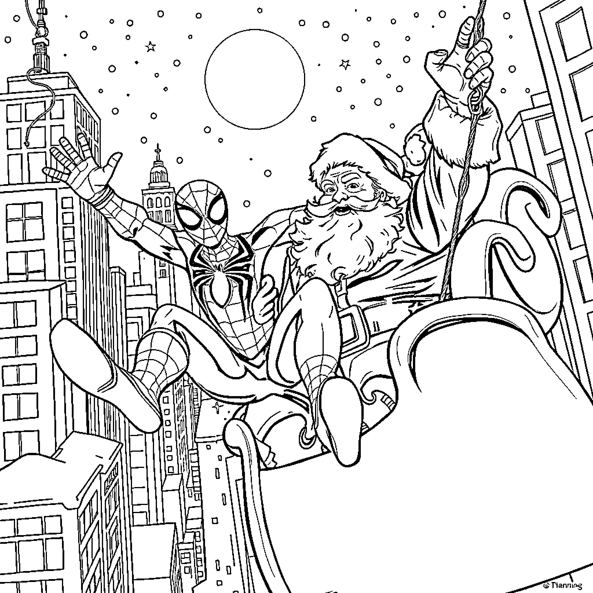 Spiderman's Snowy Adventure with Santa Claus Coloring Page (free black-and-white line drawing printable PDF for all, from beginners to advanced learners, including children, teens, adults, and seniors)