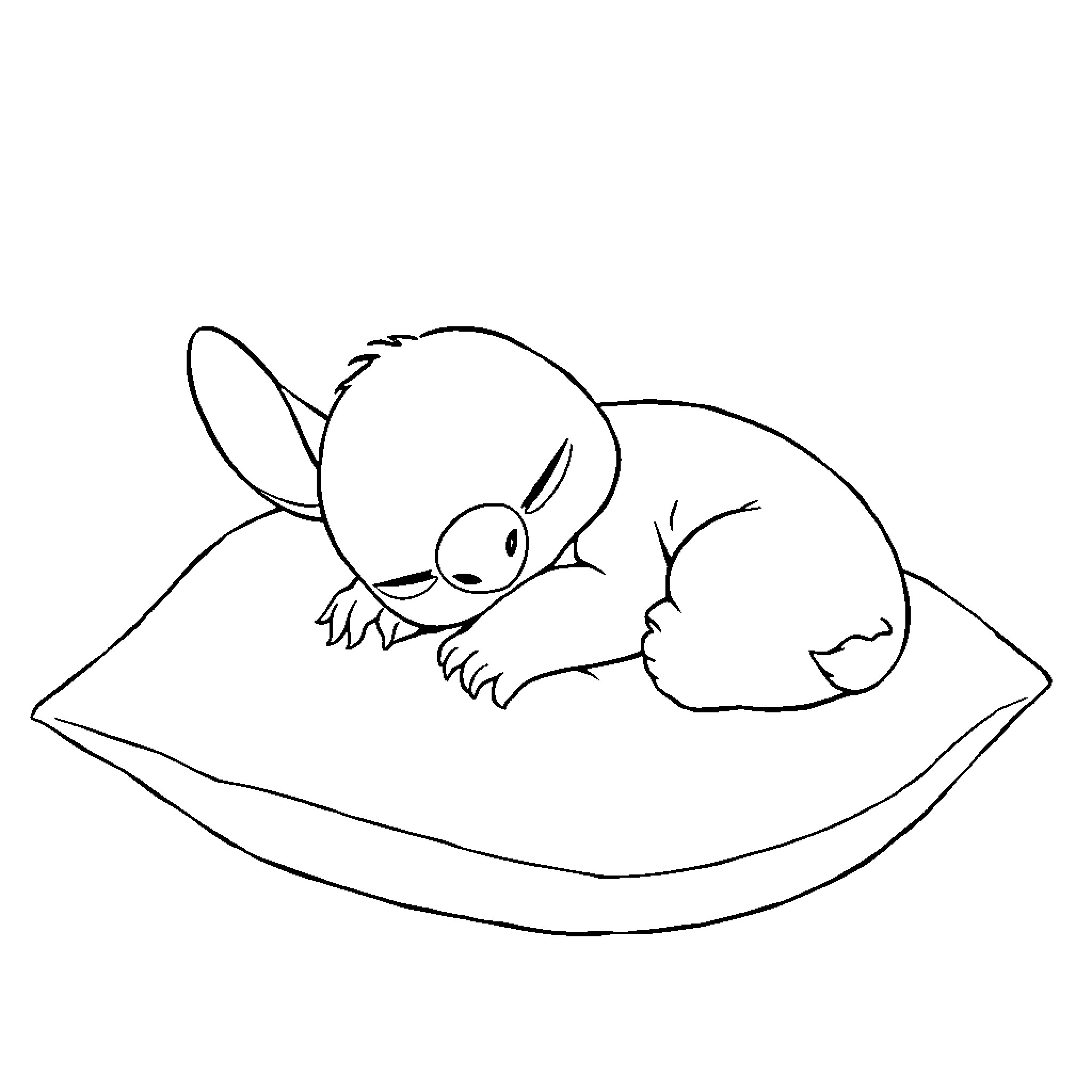 Stitch resting comfortably on a pillow Coloring Page (free black-and-white line drawing printable PDF for all, from beginners to advanced learners, including children, teens, adults, and seniors)