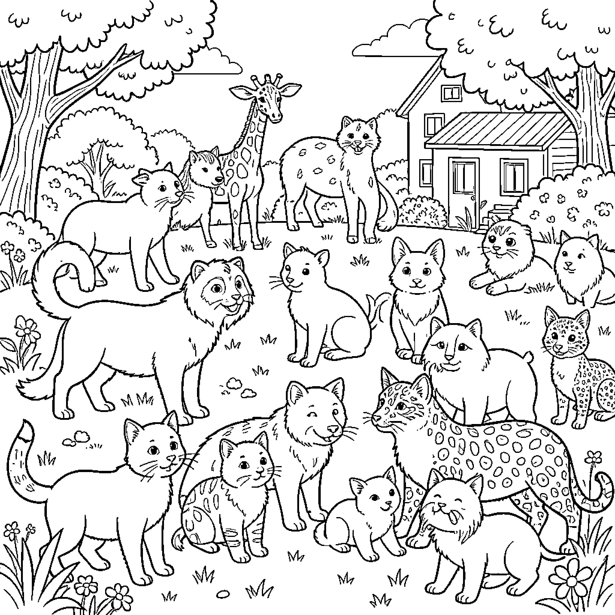 Animal friends gathering together in a sunny garden Coloring Page (free black-and-white line drawing printable PDF for all, from beginners to advanced learners, including children, teens, adults, and seniors)