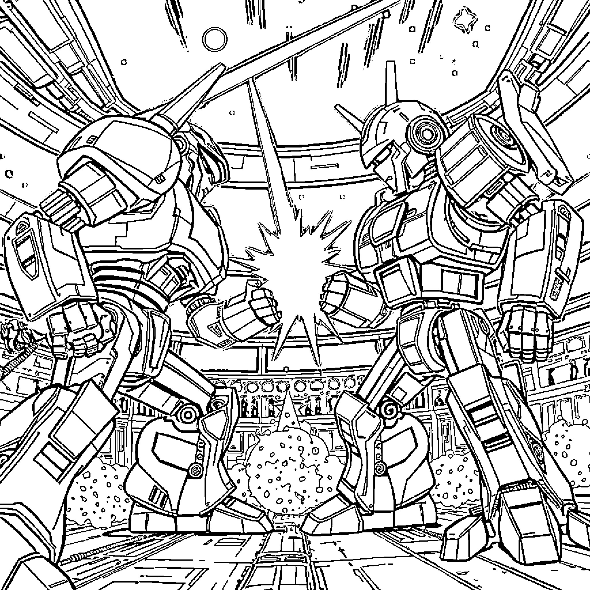 Robotic Machines Engaging in Intense Battle Coloring Page (free black-and-white line drawing printable PDF for all, from beginners to advanced learners, including children, teens, adults, and seniors)