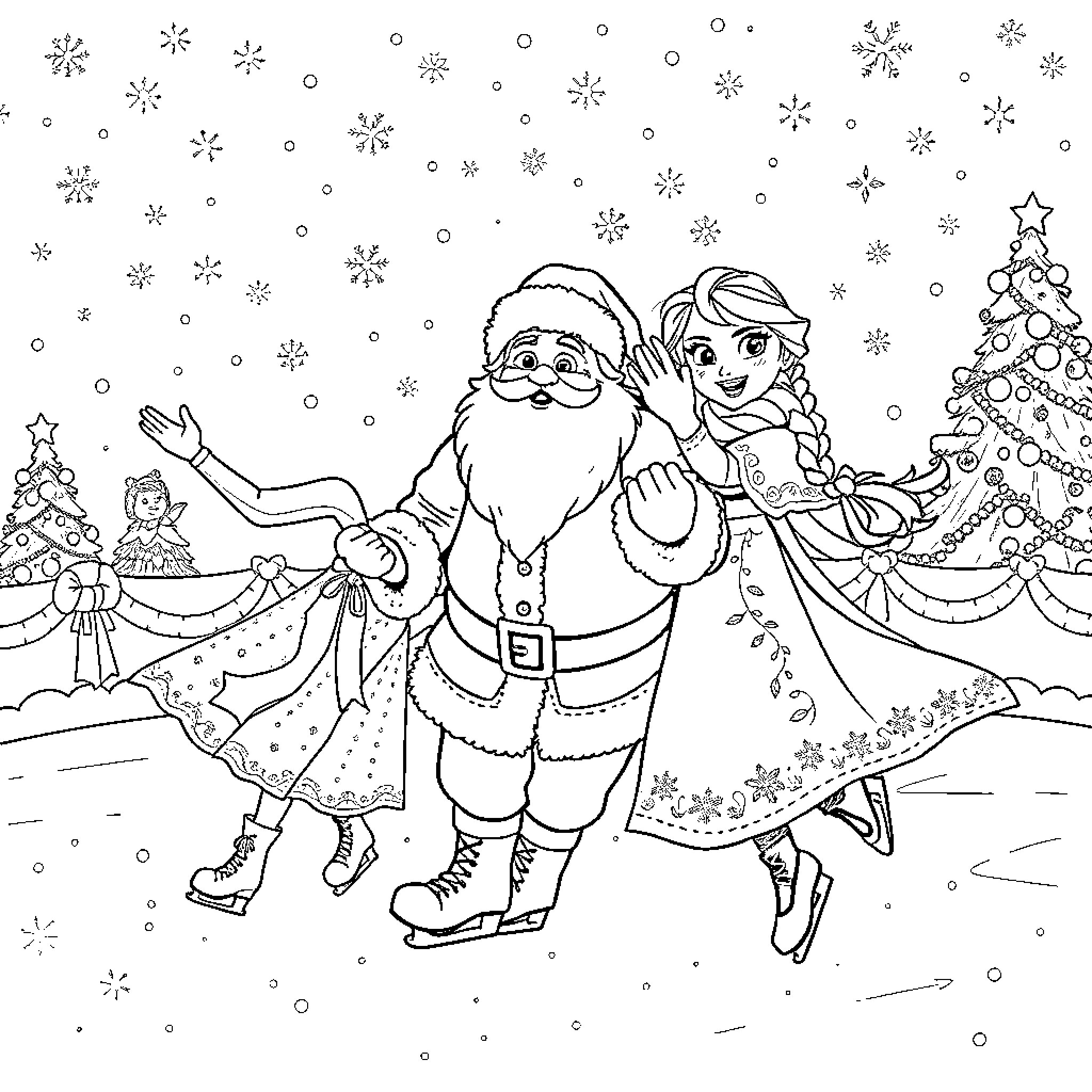Anna and Santa celebrate the winter wonderland Coloring Page (free black-and-white line drawing printable PDF for all, from beginners to advanced learners, including children, teens, adults, and seniors)