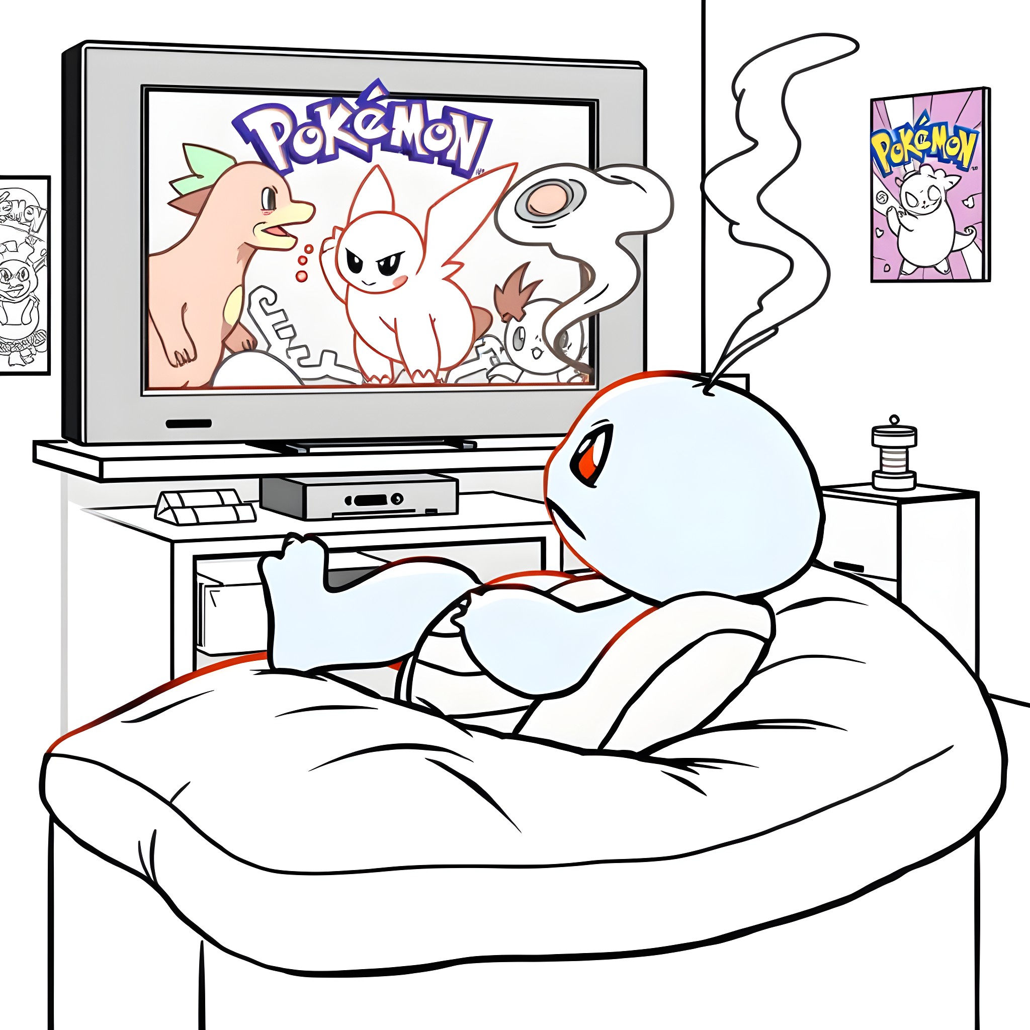 Squirtle enjoying a Pokemon game on TV Coloring Page (free black-and-white line drawing printable PDF for all, from beginners to advanced learners, including children, teens, adults, and seniors)
