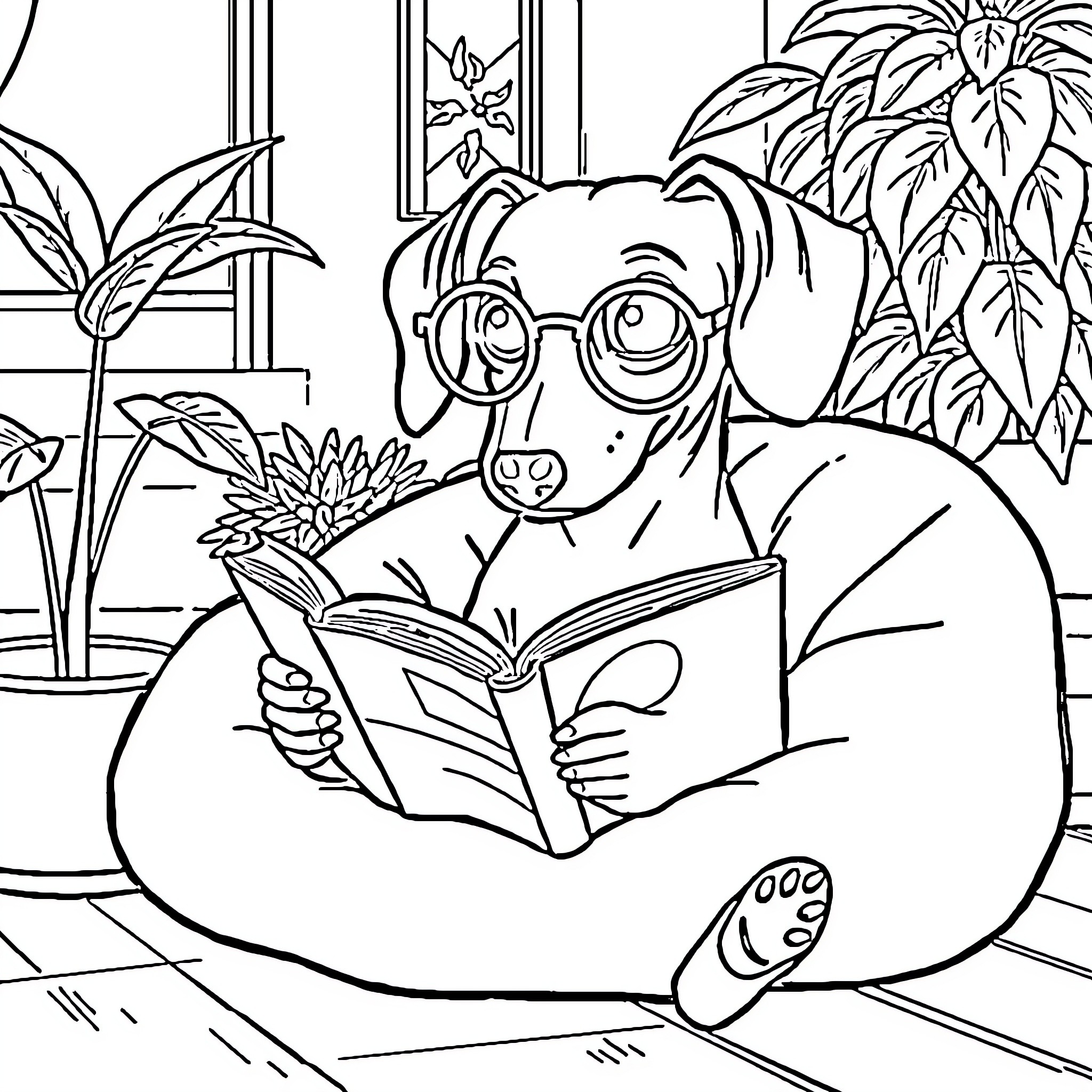 Dachshund reading a book in a cozy room Coloring Page (free black-and-white line drawing printable PDF for all, from beginners to advanced learners, including children, teens, adults, and seniors)