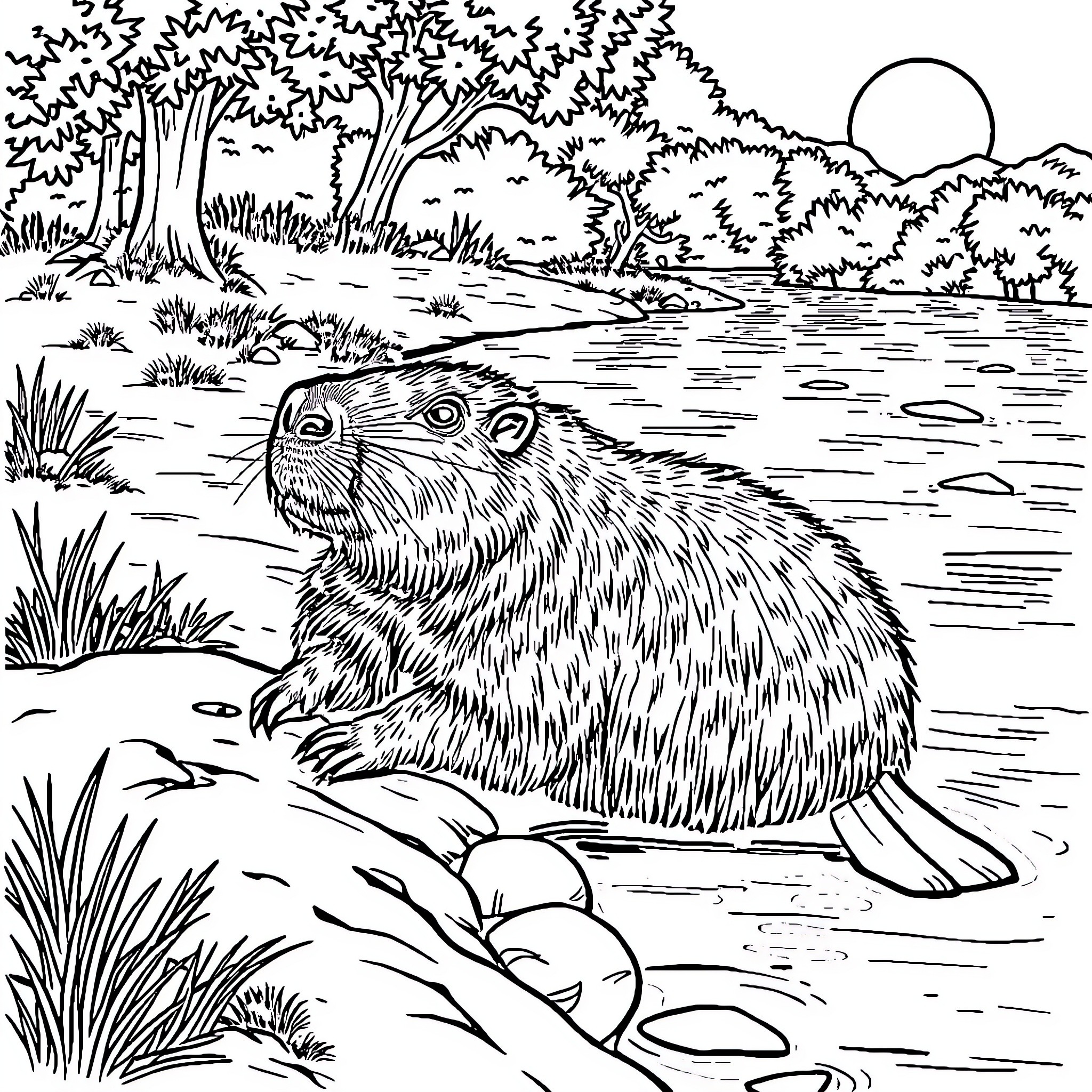 Capybara enjoying nature by the pond Coloring Page (free black-and-white line drawing printable PDF for all, from beginners to advanced learners, including children, teens, adults, and seniors)