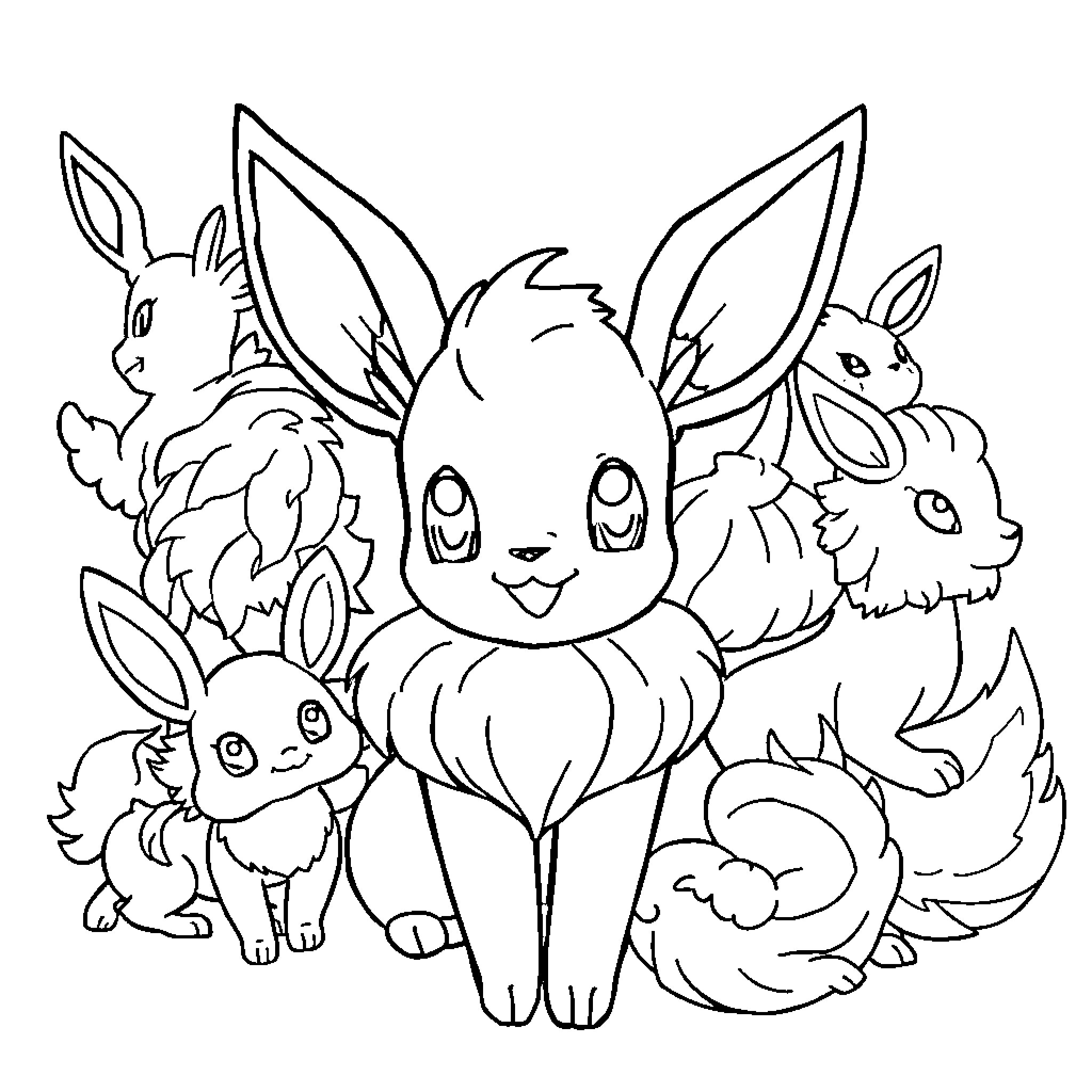Eevee and its adorable Eeveelution family Coloring Page (free black-and-white line drawing printable PDF for all, from beginners to advanced learners, including children, teens, adults, and seniors)