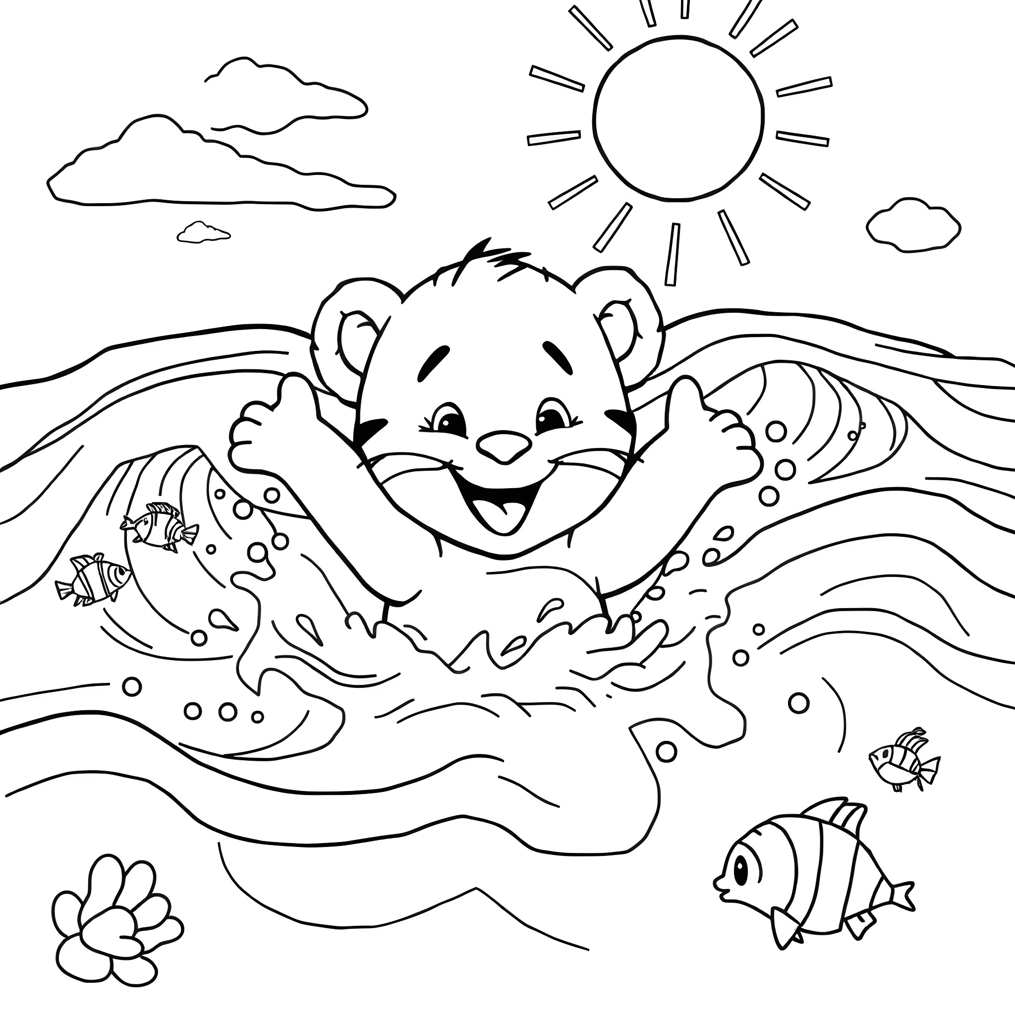 Daniel Tiger playing happily in the ocean Coloring Page (free black-and-white line drawing printable PDF for all, from beginners to advanced learners, including children, teens, adults, and seniors)