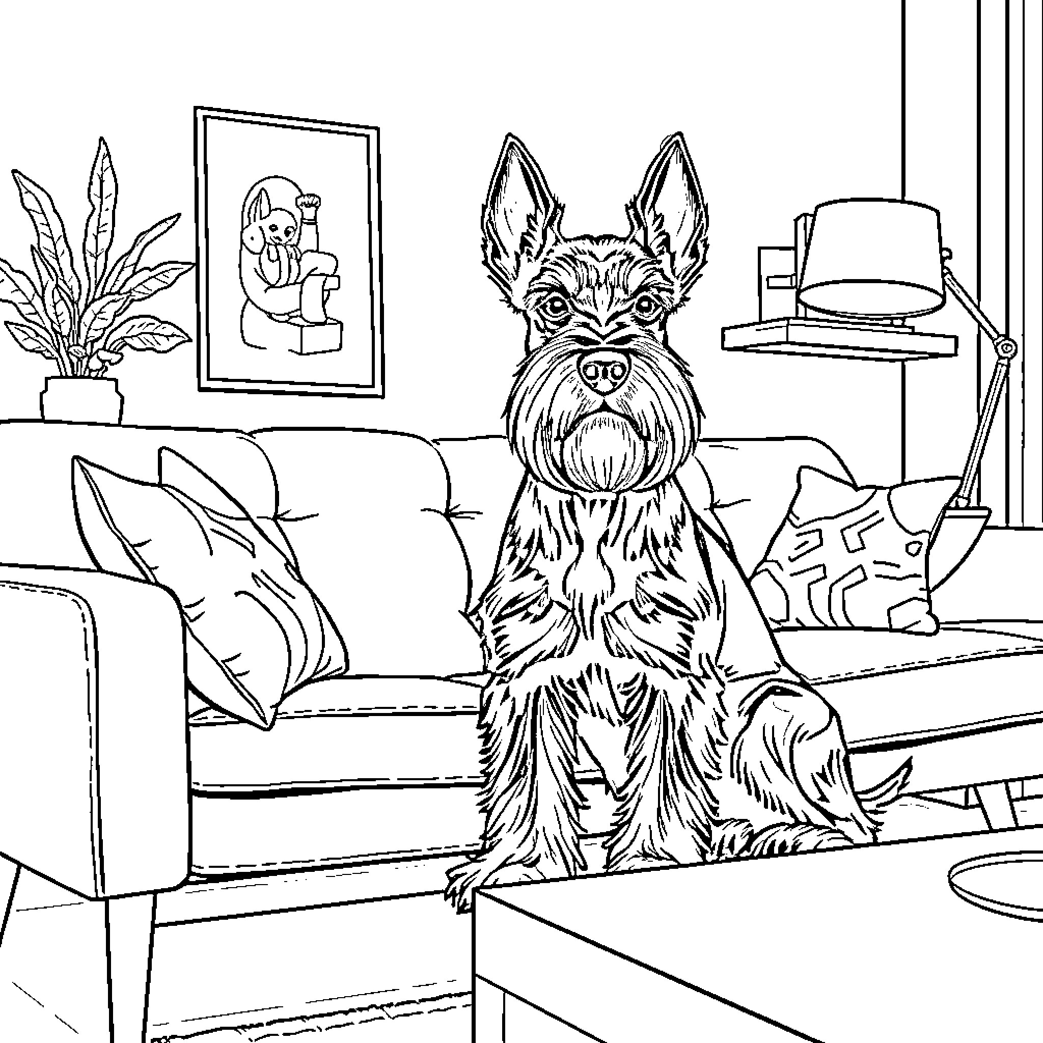 Schnauzer relaxing in cozy living room Coloring Page (free black-and-white line drawing printable PDF for all, from beginners to advanced learners, including children, teens, adults, and seniors)