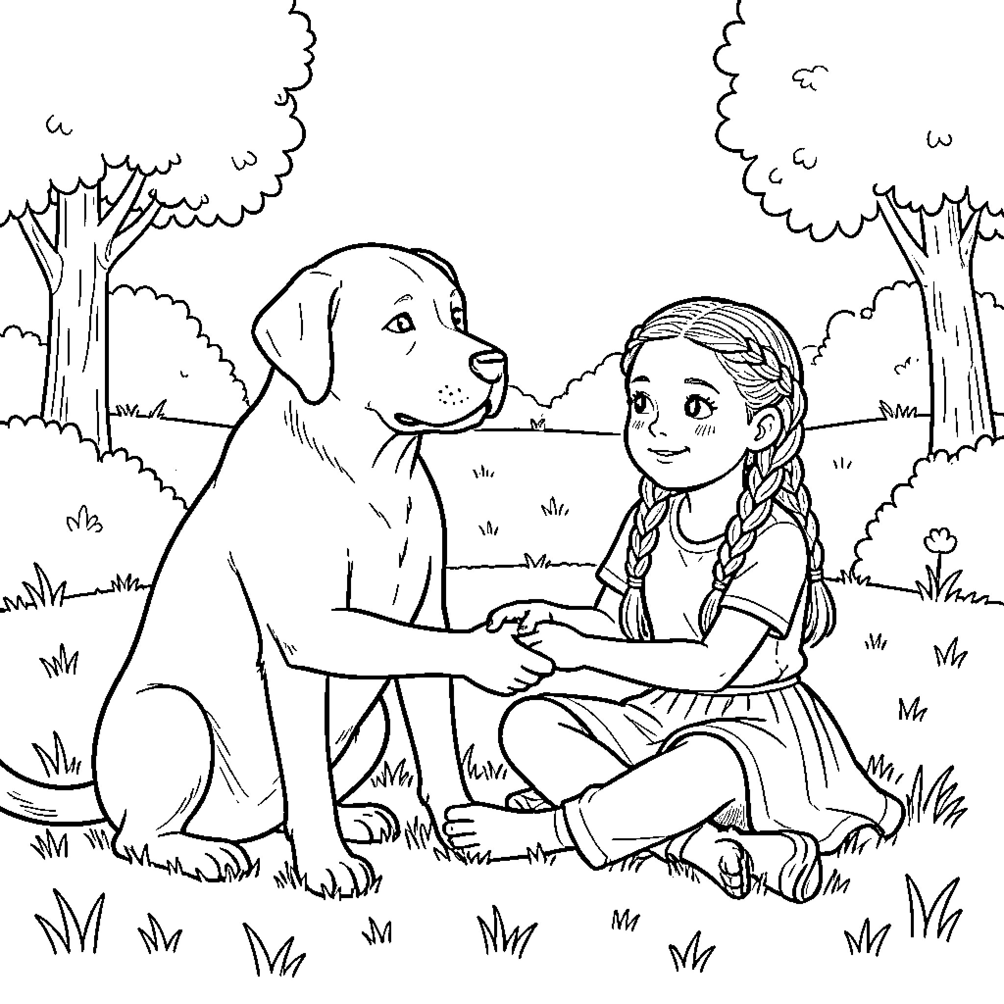 Labrador and young girl sharing a sweet moment Coloring Page (free black-and-white line drawing printable PDF for all, from beginners to advanced learners, including children, teens, adults, and seniors)