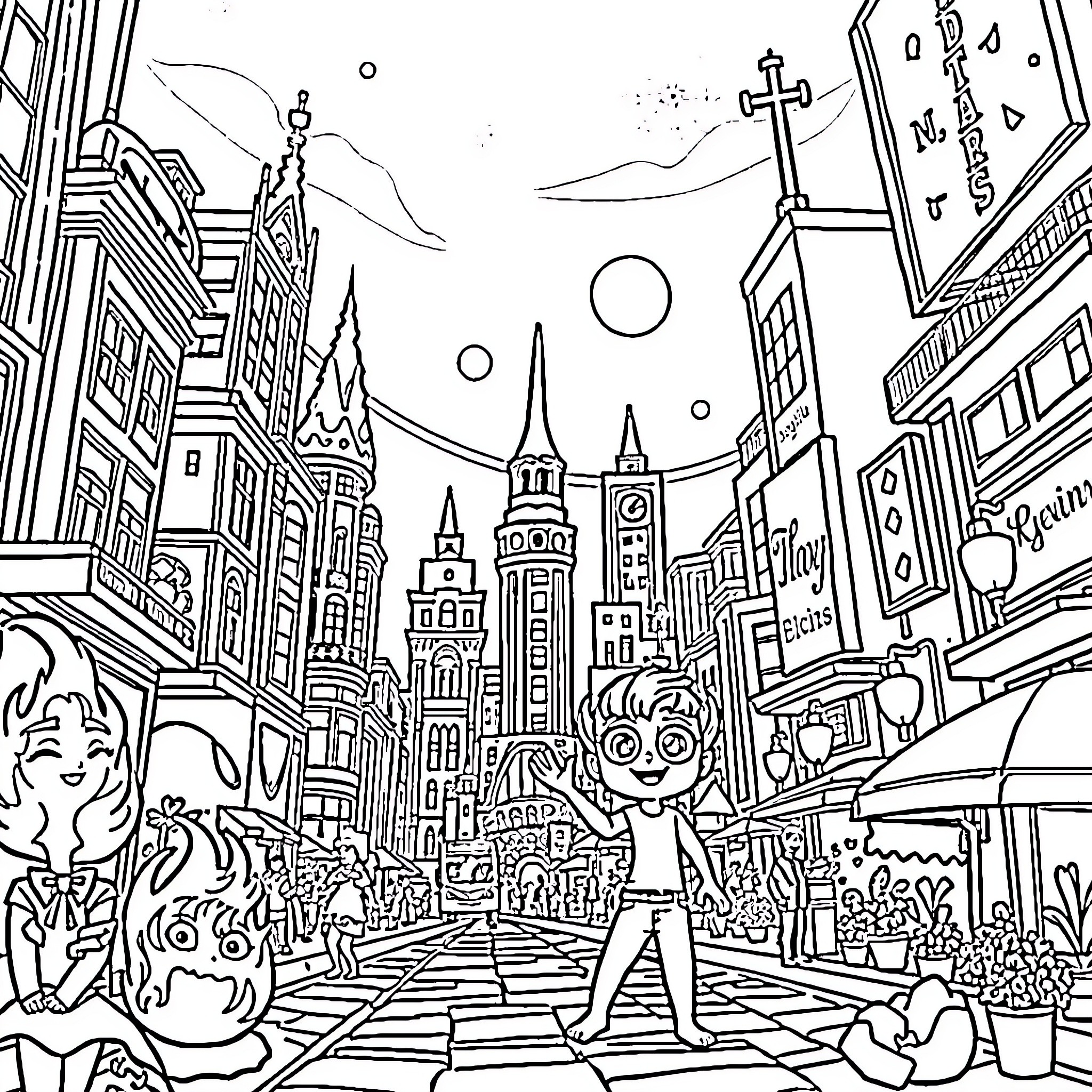 Elemental Cityscape with Fantastical Figures Coloring Page (free black-and-white line drawing printable PDF for all, from beginners to advanced learners, including children, teens, adults, and seniors)