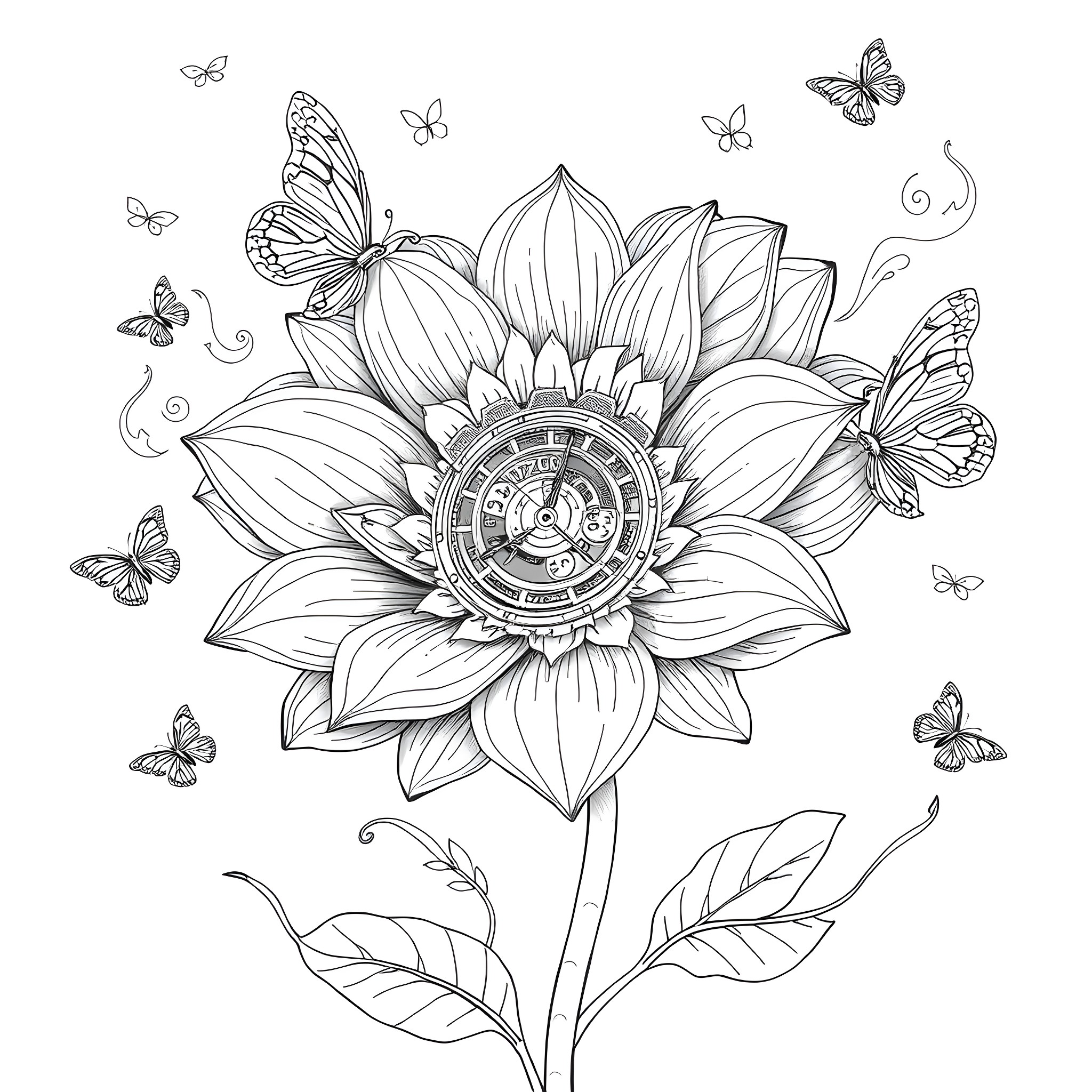 Flower blooming with intricate details and butterflies Coloring Page (free black-and-white line drawing printable PDF for all, from beginners to advanced learners, including children, teens, adults, and seniors)