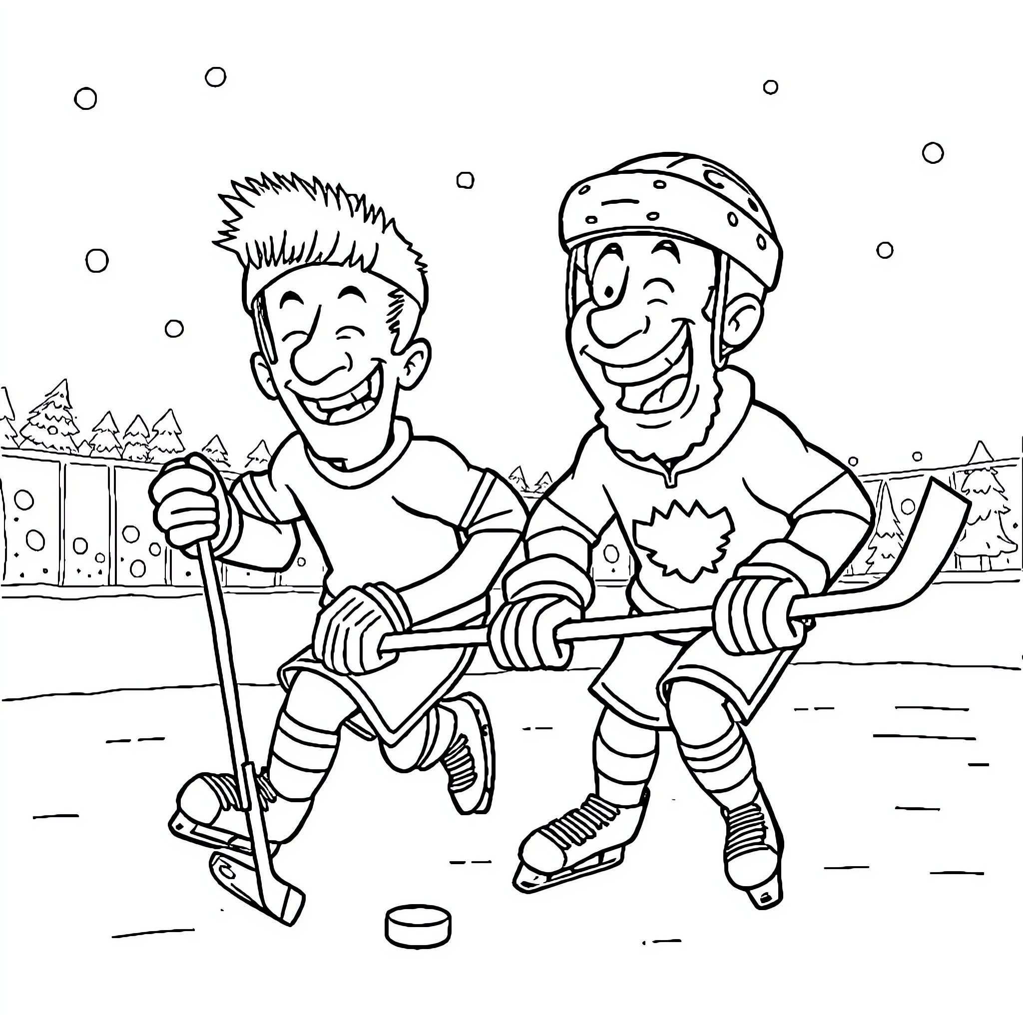 Beavis and Butthead playing hockey happily Coloring Page (free black-and-white line drawing printable PDF for all, from beginners to advanced learners, including children, teens, adults, and seniors)