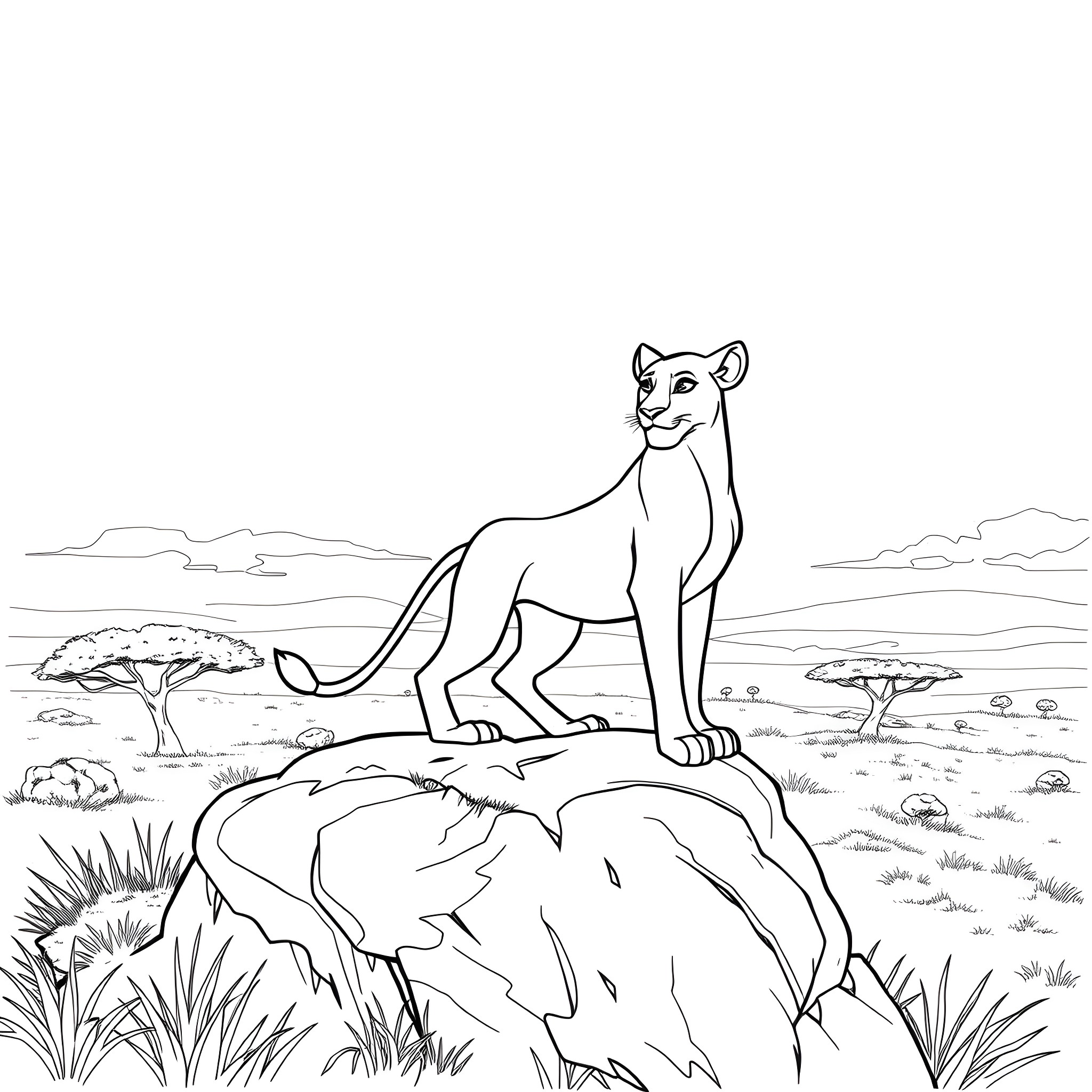 Nala the lion cub exploring the African savanna Coloring Page (free black-and-white line drawing printable PDF for all, from beginners to advanced learners, including children, teens, adults, and seniors)
