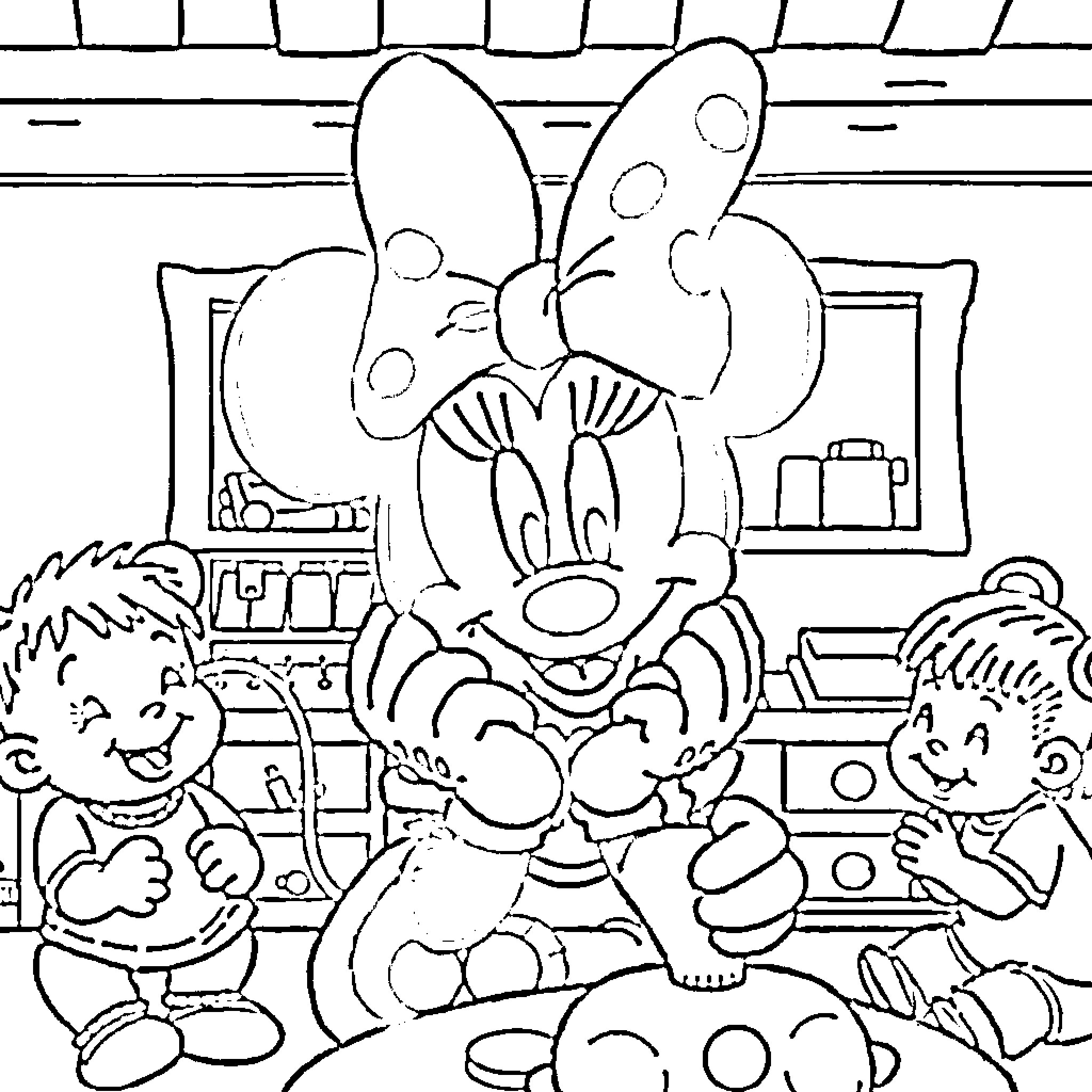 Minnie Mouse entertaining kids in classroom Coloring Page (free black-and-white line drawing printable PDF for all, from beginners to advanced learners, including children, teens, adults, and seniors)