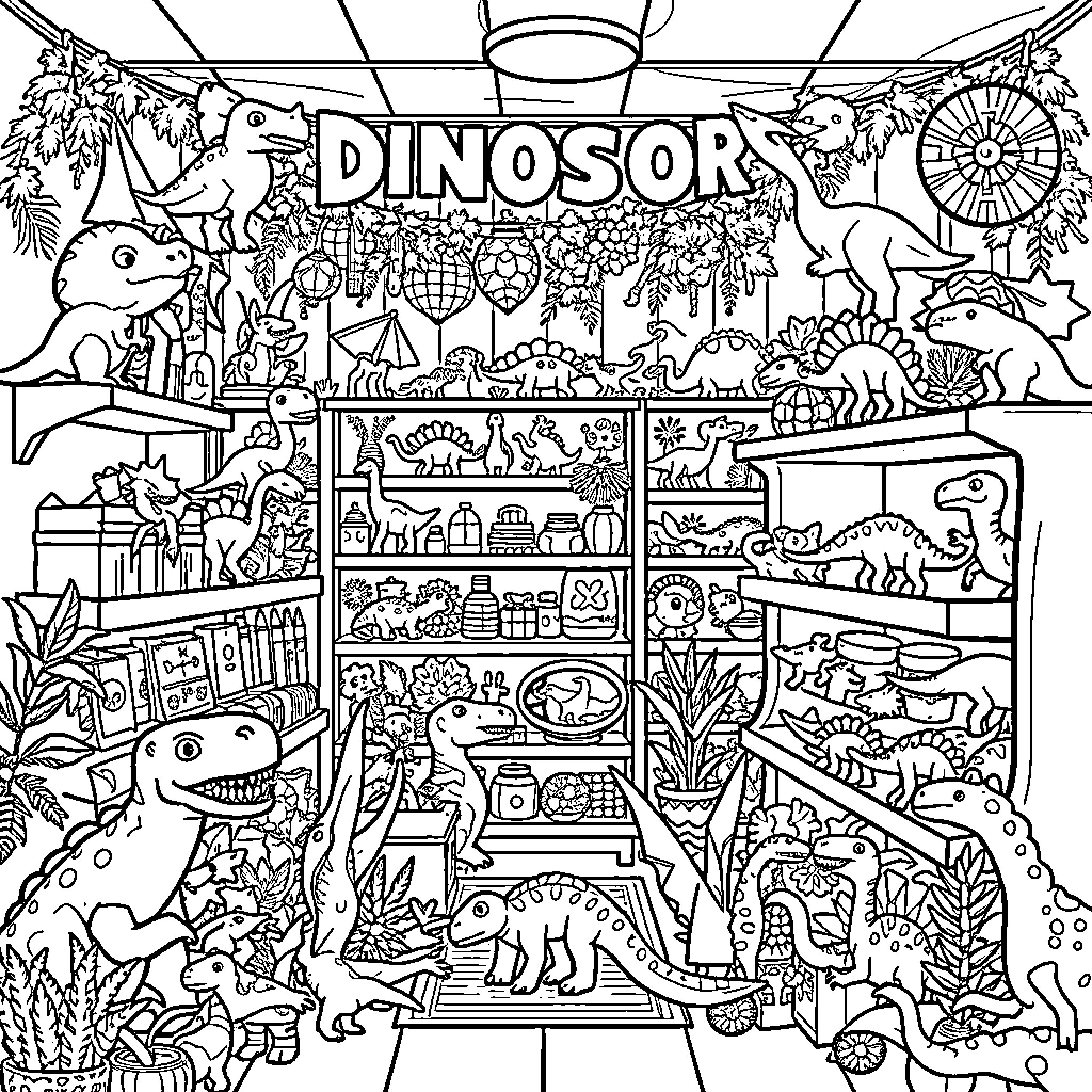 Dinosaur-themed store with various prehistoric creatures Coloring Page (free black-and-white line drawing printable PDF for all, from beginners to advanced learners, including children, teens, adults, and seniors)