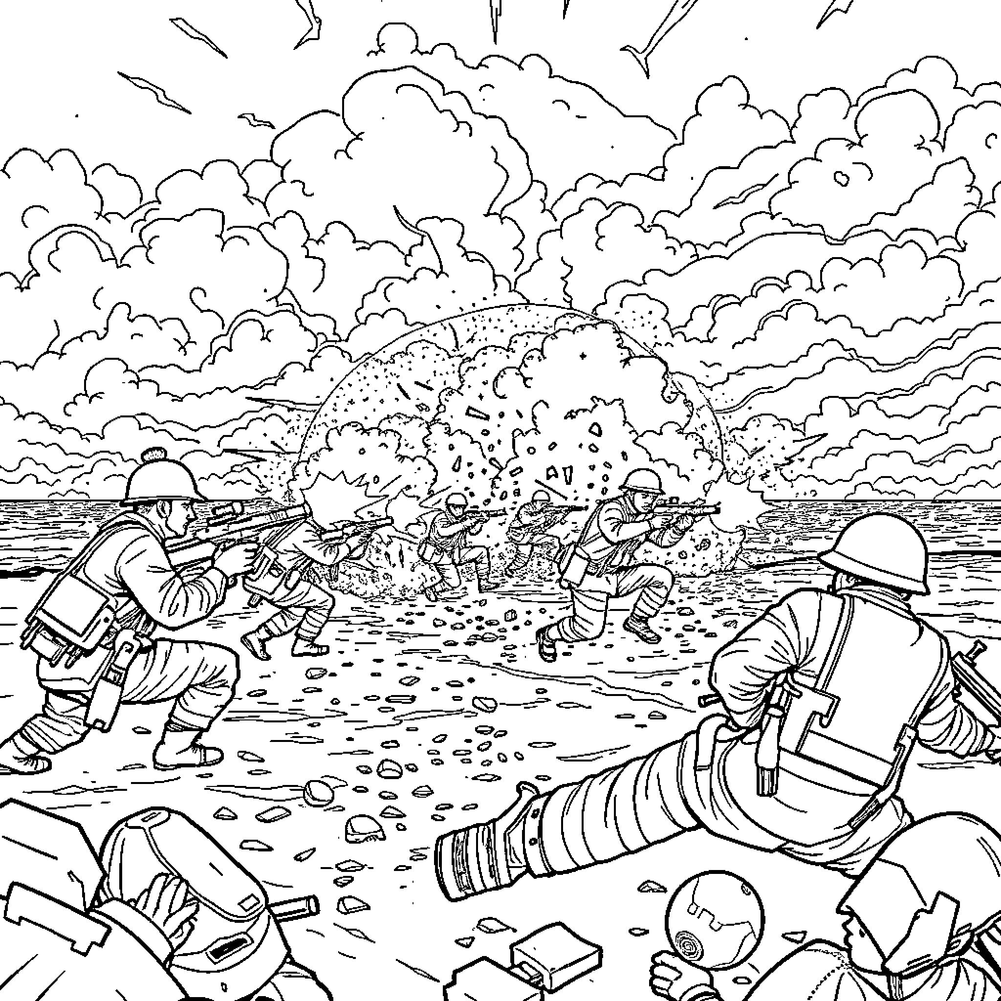 D Day Landing - Soldiers in Action Amid Chaos Coloring Page (free black-and-white line drawing printable PDF for all, from beginners to advanced learners, including children, teens, adults, and seniors)