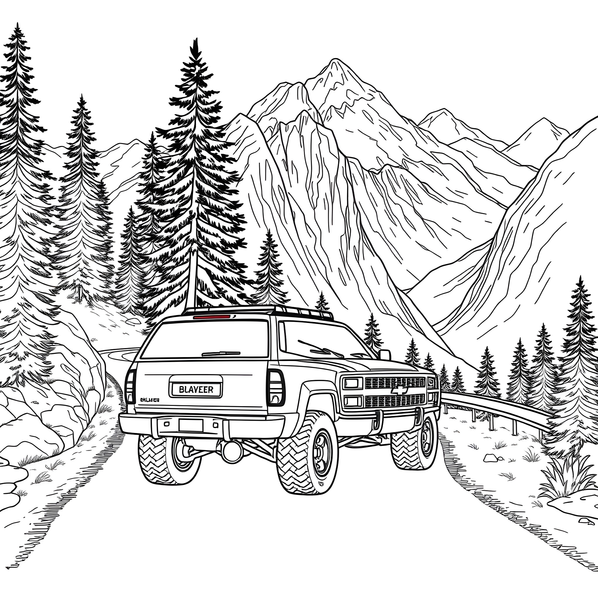 Chevy Blazer Exploring Mountain Landscapes Coloring Page (free black-and-white line drawing printable PDF for all, from beginners to advanced learners, including children, teens, adults, and seniors)