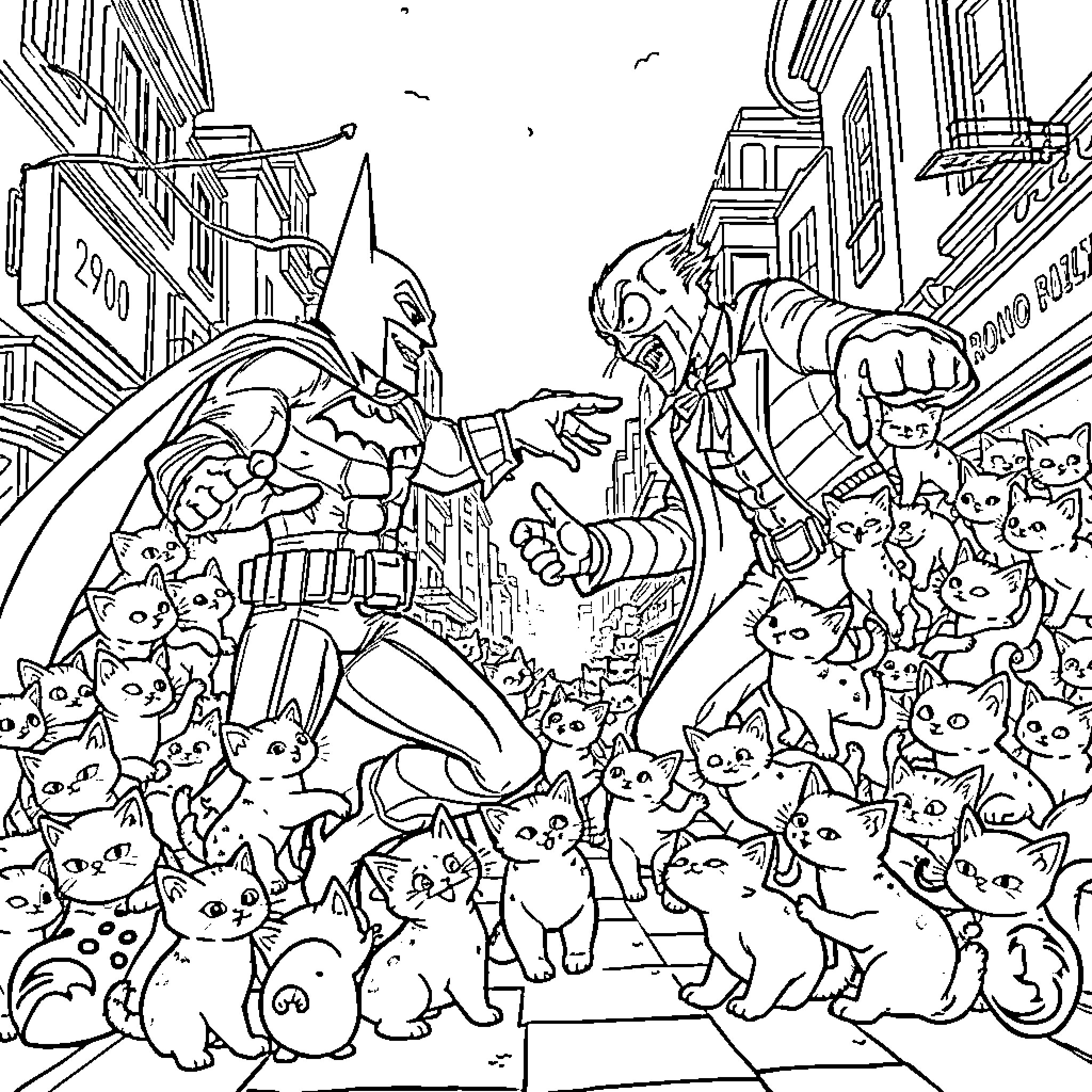 Batman battling a horde of mischievous cats in the city Coloring Page (free black-and-white line drawing printable PDF for all, from beginners to advanced learners, including children, teens, adults, and seniors)