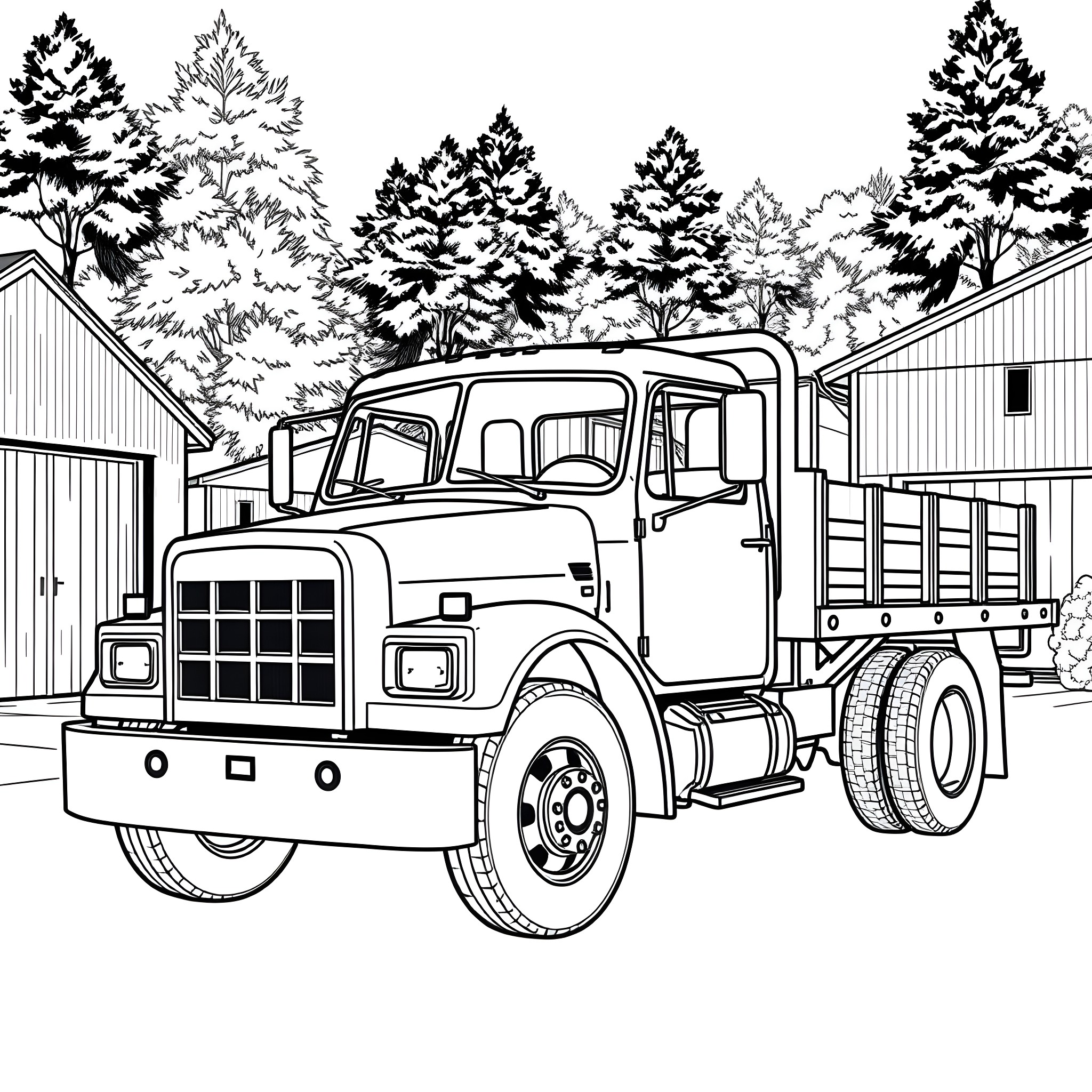 Flatbed truck in forested rural setting Coloring Page (free black-and-white line drawing printable PDF for all, from beginners to advanced learners, including children, teens, adults, and seniors)
