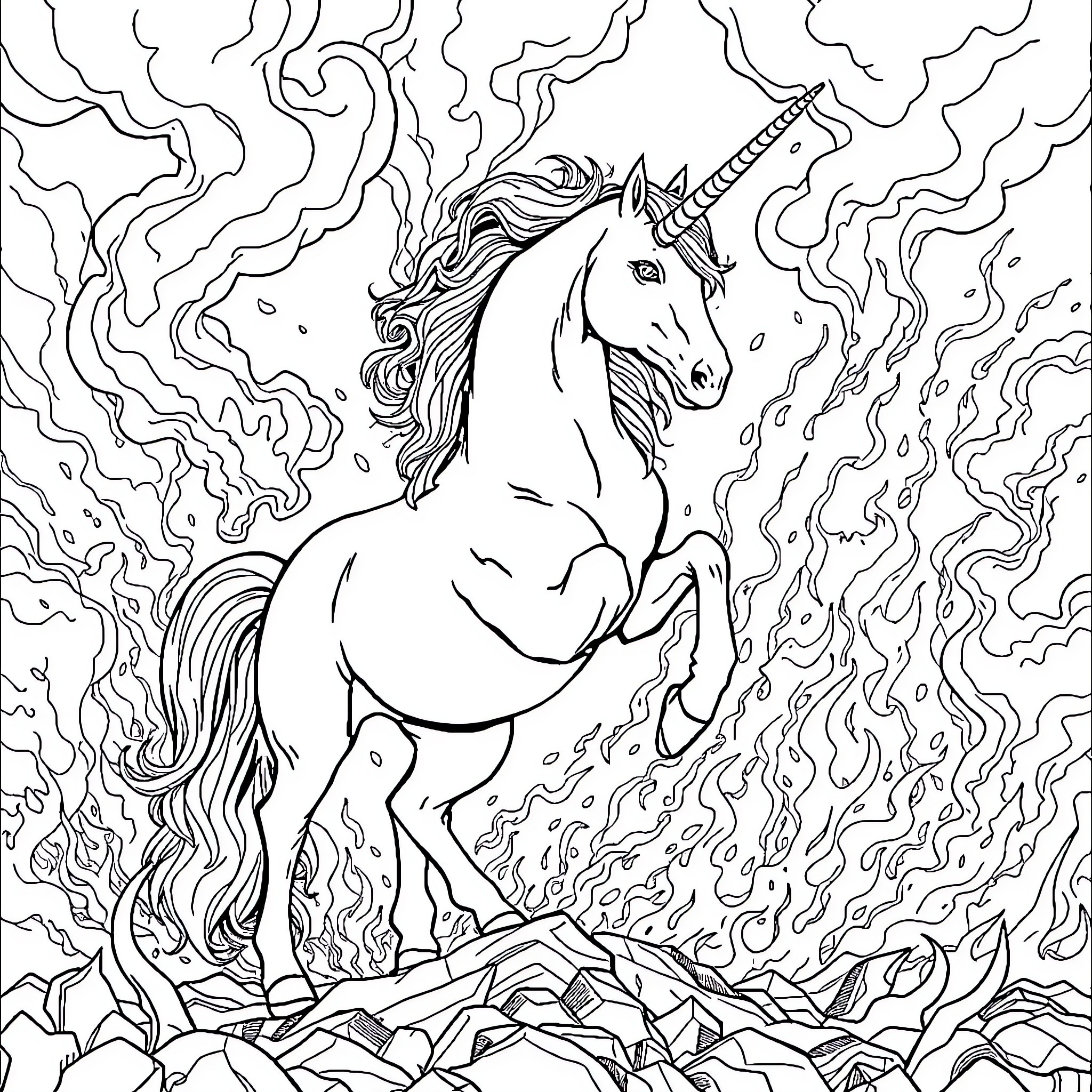 Unicorn galloping through magical swirls Coloring Page (free black-and-white line drawing printable PDF for all, from beginners to advanced learners, including children, teens, adults, and seniors)