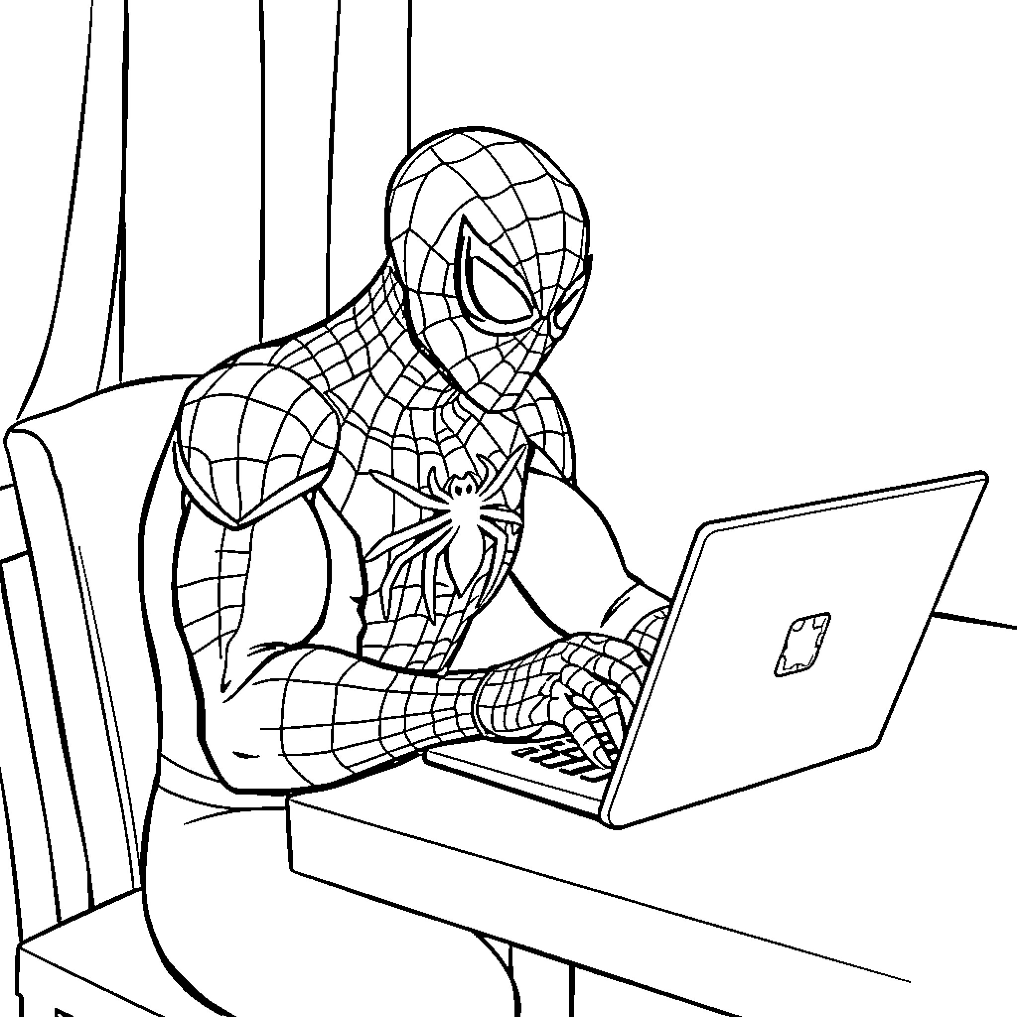 Spiderman diligently working on a laptop Coloring Page (free black-and-white line drawing printable PDF for all, from beginners to advanced learners, including children, teens, adults, and seniors)