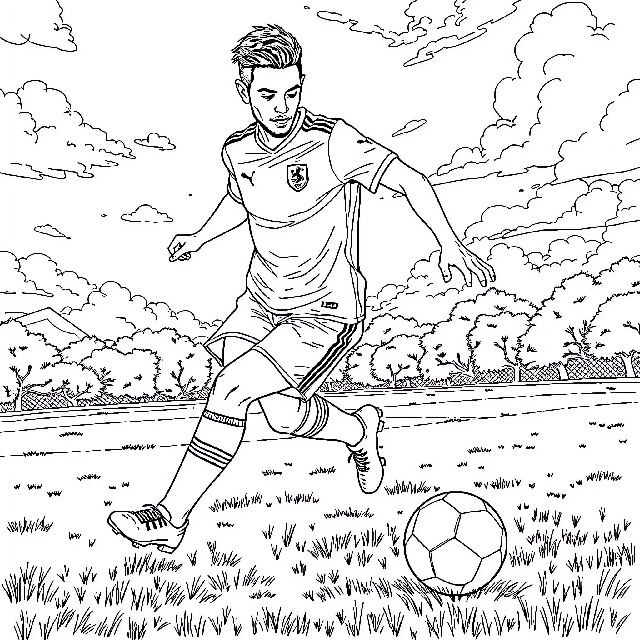 Ranaldo playing soccer on the field Coloring Page (free black-and-white line drawing printable PDF for all, from beginners to advanced learners, including children, teens, adults, and seniors)