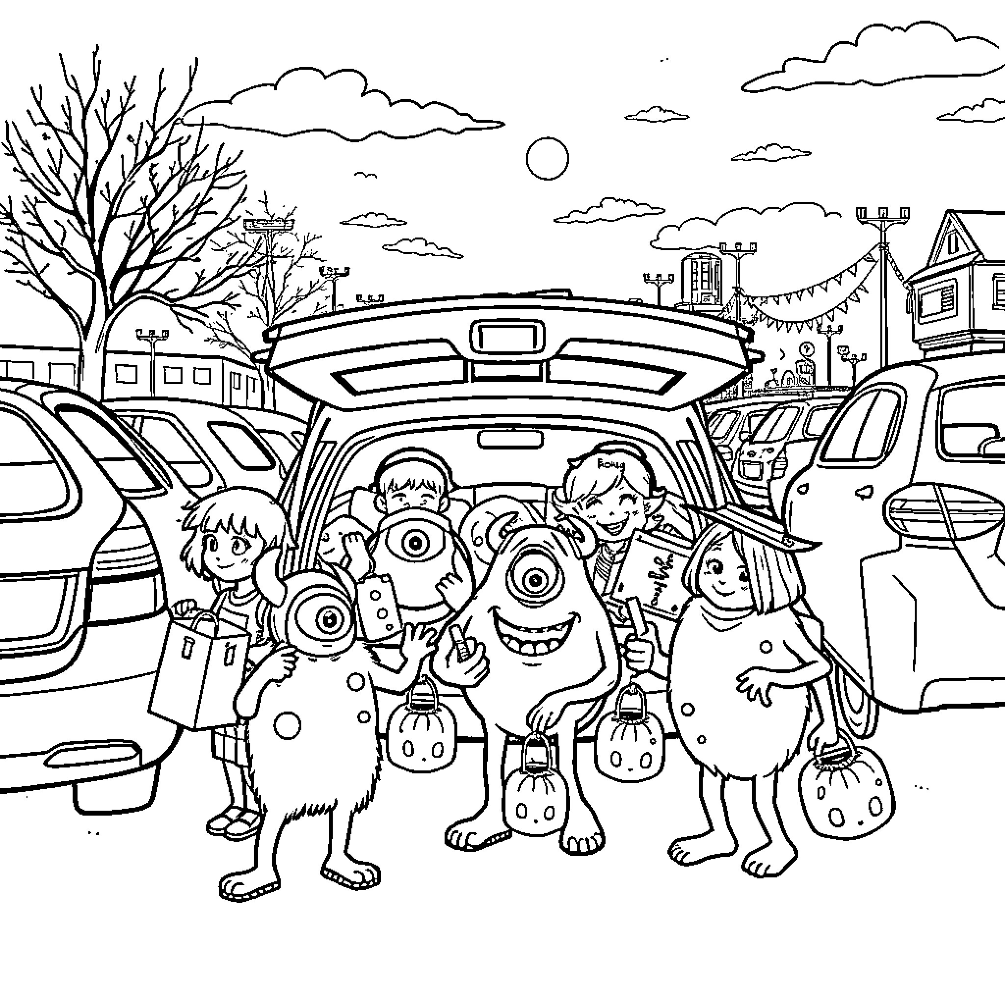 Monster Creatures Gathered for a Neighborhood Event Coloring Page (free black-and-white line drawing printable PDF for all, from beginners to advanced learners, including children, teens, adults, and seniors)
