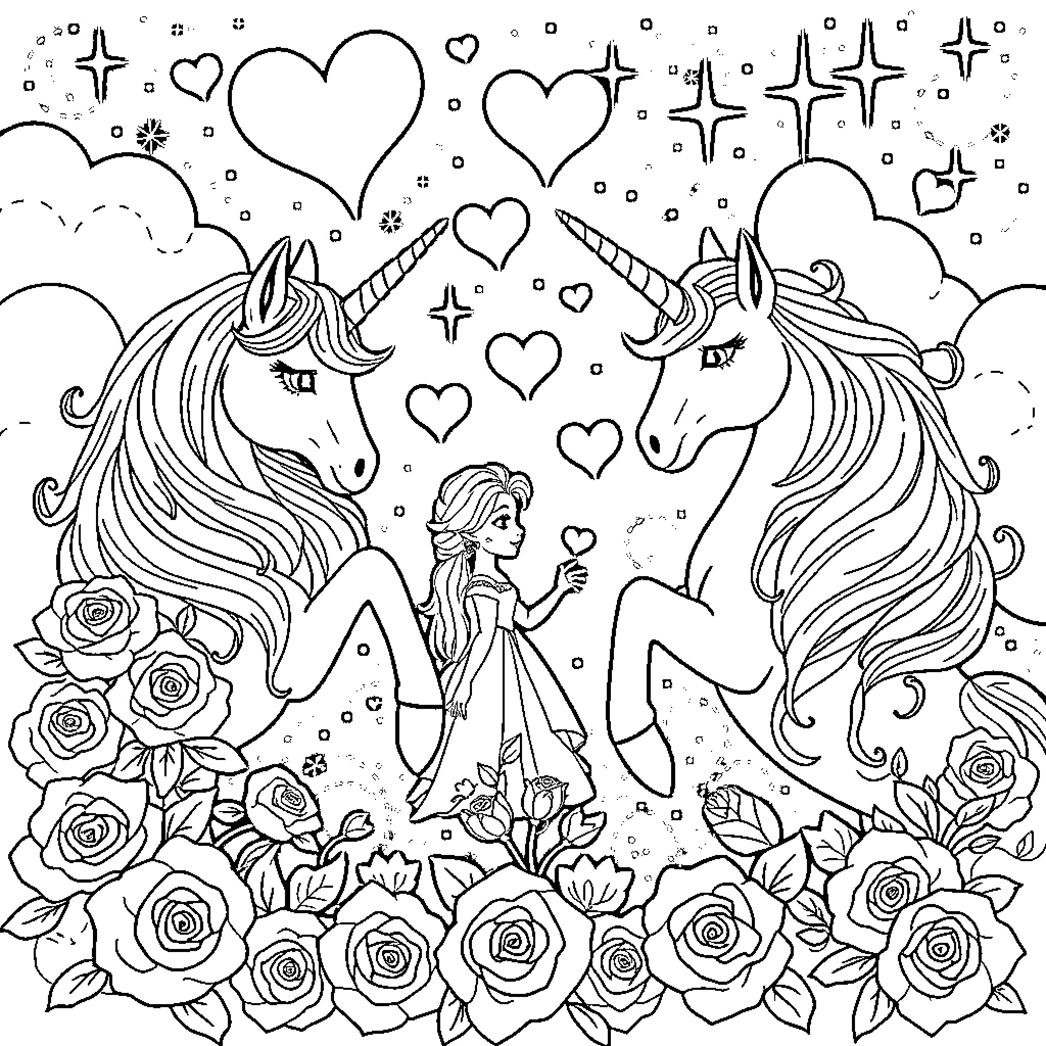 Unicorn Fairy's Enchanting Encounter with Unicorns Coloring Page (free black-and-white line drawing printable PDF for all, from beginners to advanced learners, including children, teens, adults, and seniors)