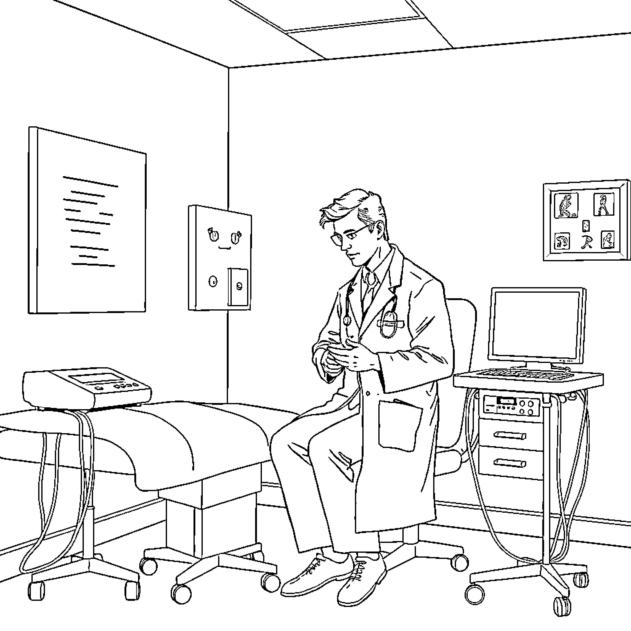 Prostate Examination in Medical Office Coloring Page (free black-and-white line drawing printable PDF for all, from beginners to advanced learners, including children, teens, adults, and seniors)
