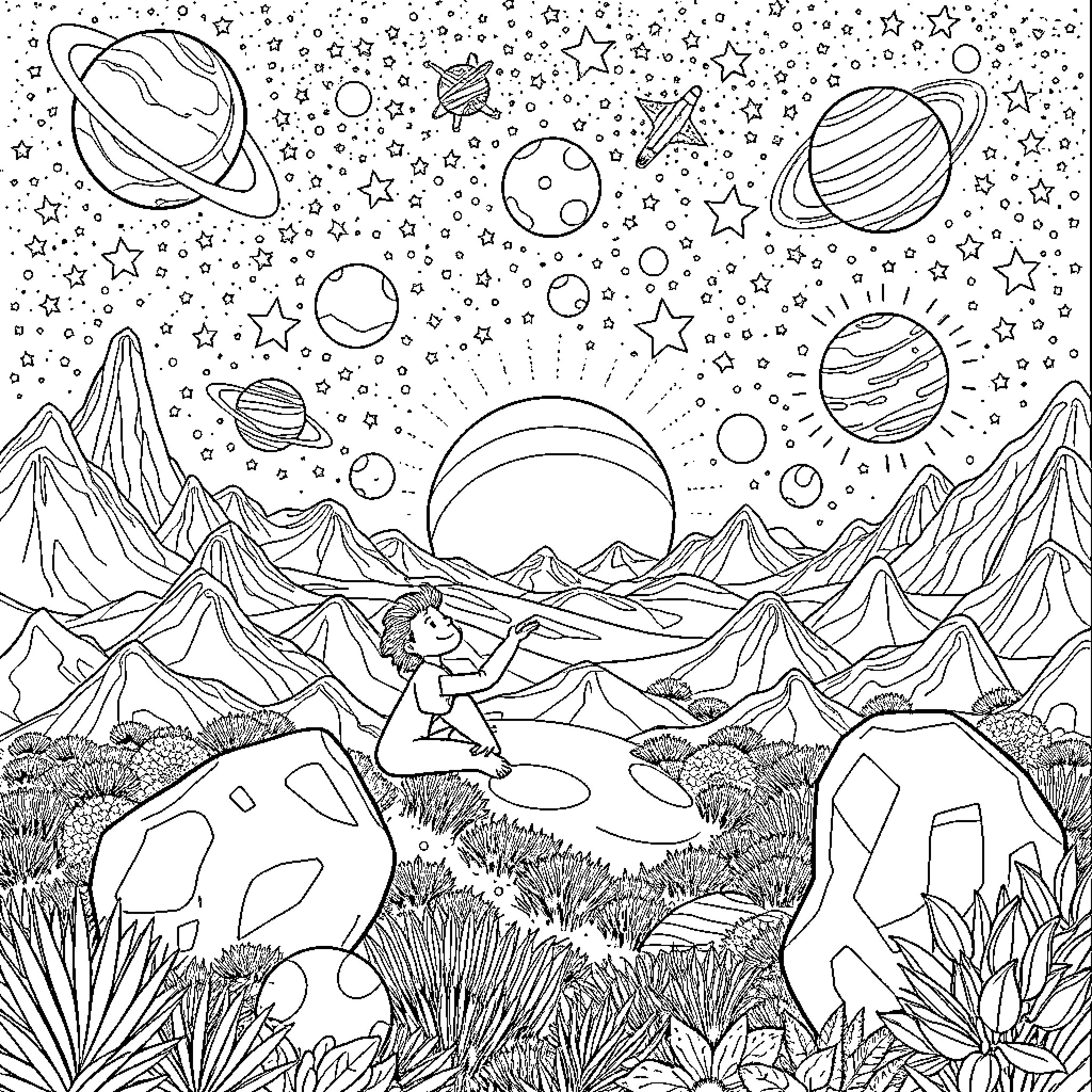Elio's Cosmic Adventure in the Starry Universe Coloring Page (free black-and-white line drawing printable PDF for all, from beginners to advanced learners, including children, teens, adults, and seniors)