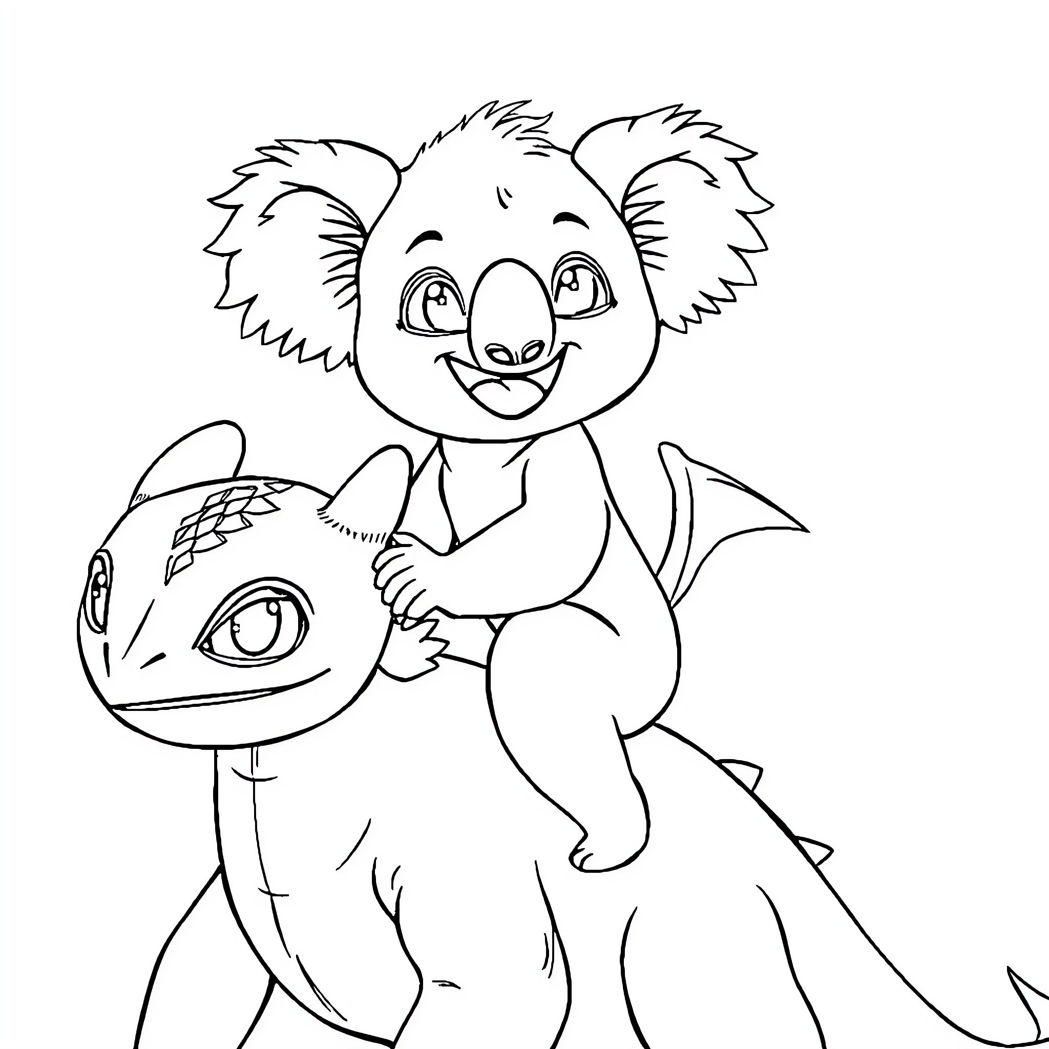 Koala riding a friendly dragon Coloring Page (free black-and-white line drawing printable PDF for all, from beginners to advanced learners, including children, teens, adults, and seniors)