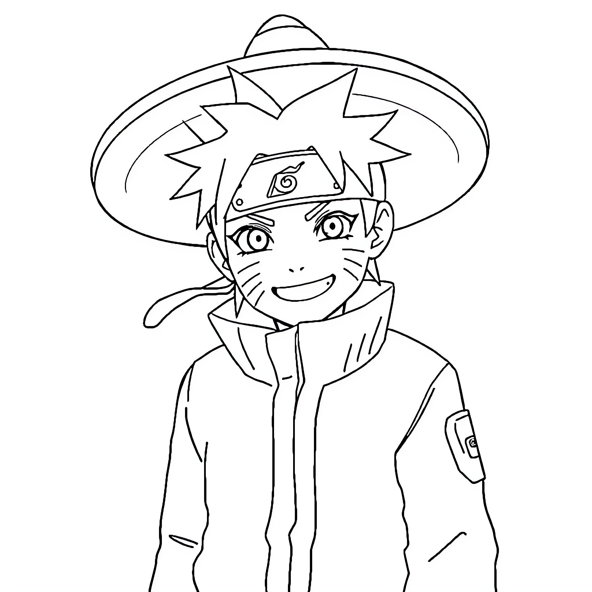 Naruto smiling with his distinctive headband Coloring Page (free black-and-white line drawing printable PDF for all, from beginners to advanced learners, including children, teens, adults, and seniors)