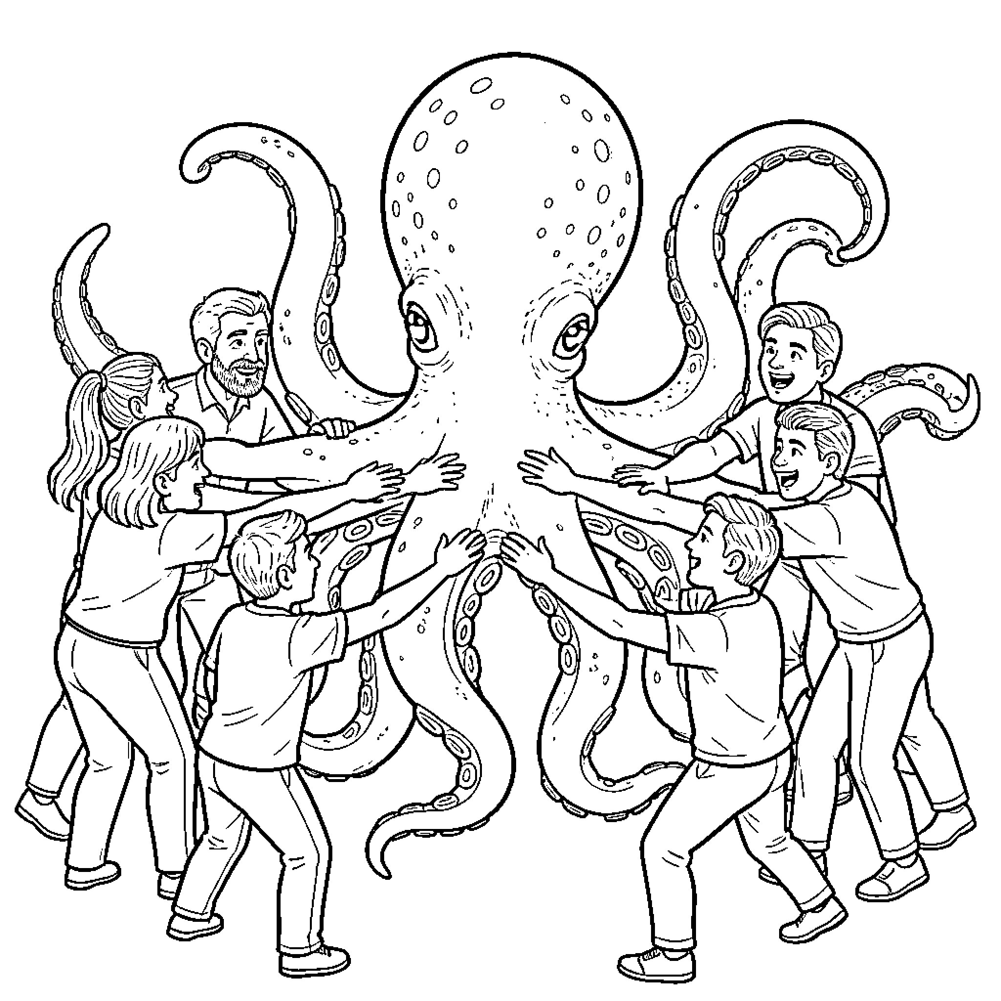 Oktopus being hugged by a group of happy people Coloring Page (free black-and-white line drawing printable PDF for all, from beginners to advanced learners, including children, teens, adults, and seniors)