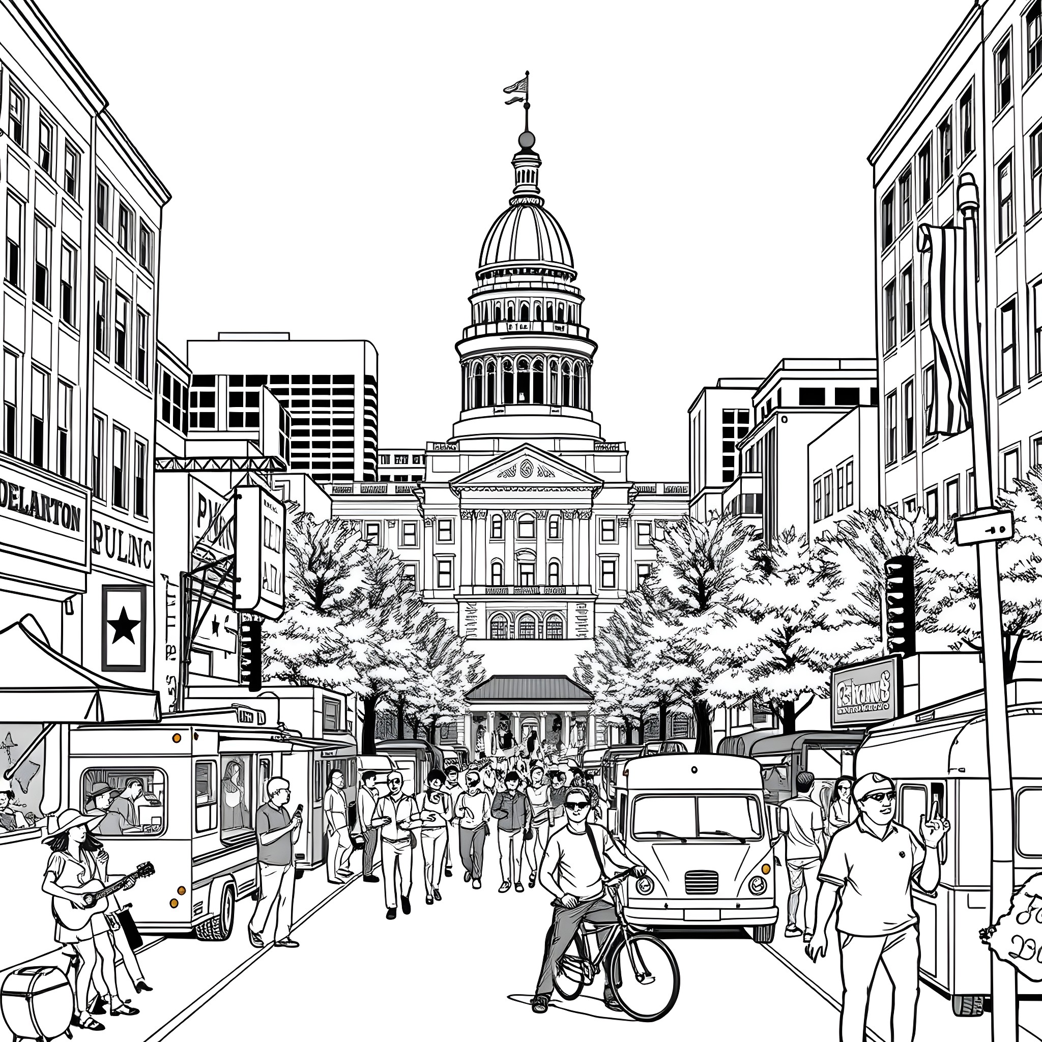 Austin skyline with bustling city streets and Capitol building Coloring Page (free black-and-white line drawing printable PDF for all, from beginners to advanced learners, including children, teens, adults, and seniors)