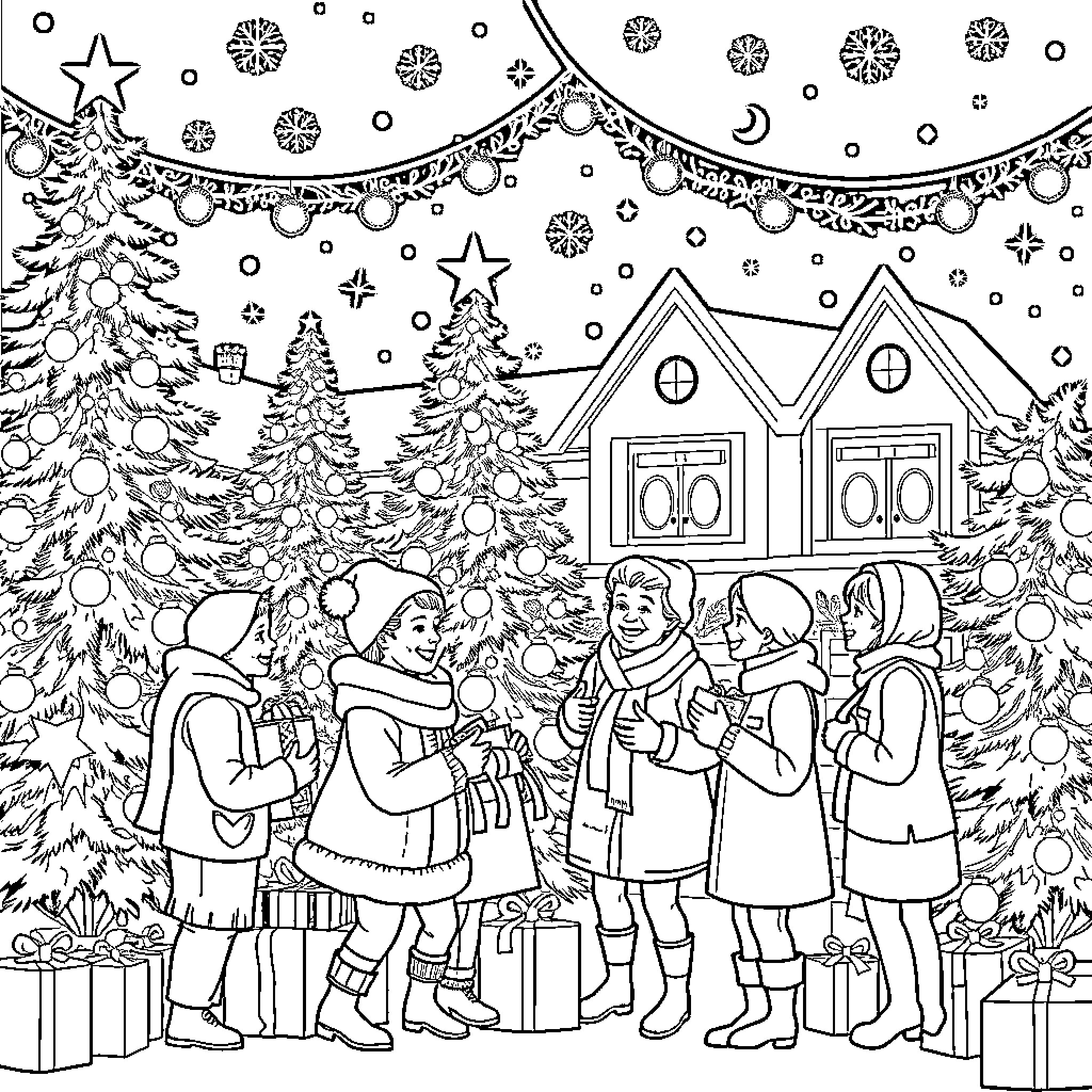 Christmas Gathering of Joyful Families in Snowy Wonderland Coloring Page (free black-and-white line drawing printable PDF for all, from beginners to advanced learners, including children, teens, adults, and seniors)