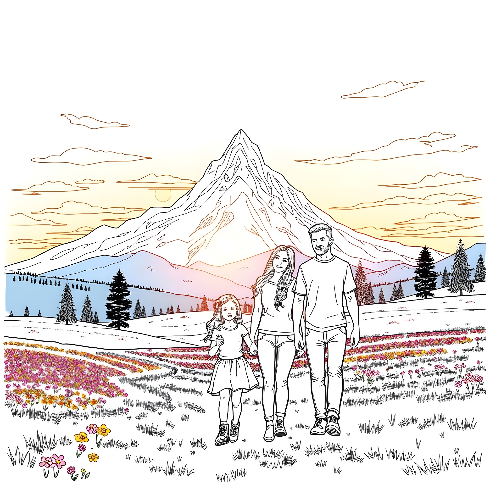 Family enjoying scenic mountain landscape Coloring Page (free black-and-white line drawing printable PDF for all, from beginners to advanced learners, including children, teens, adults, and seniors)