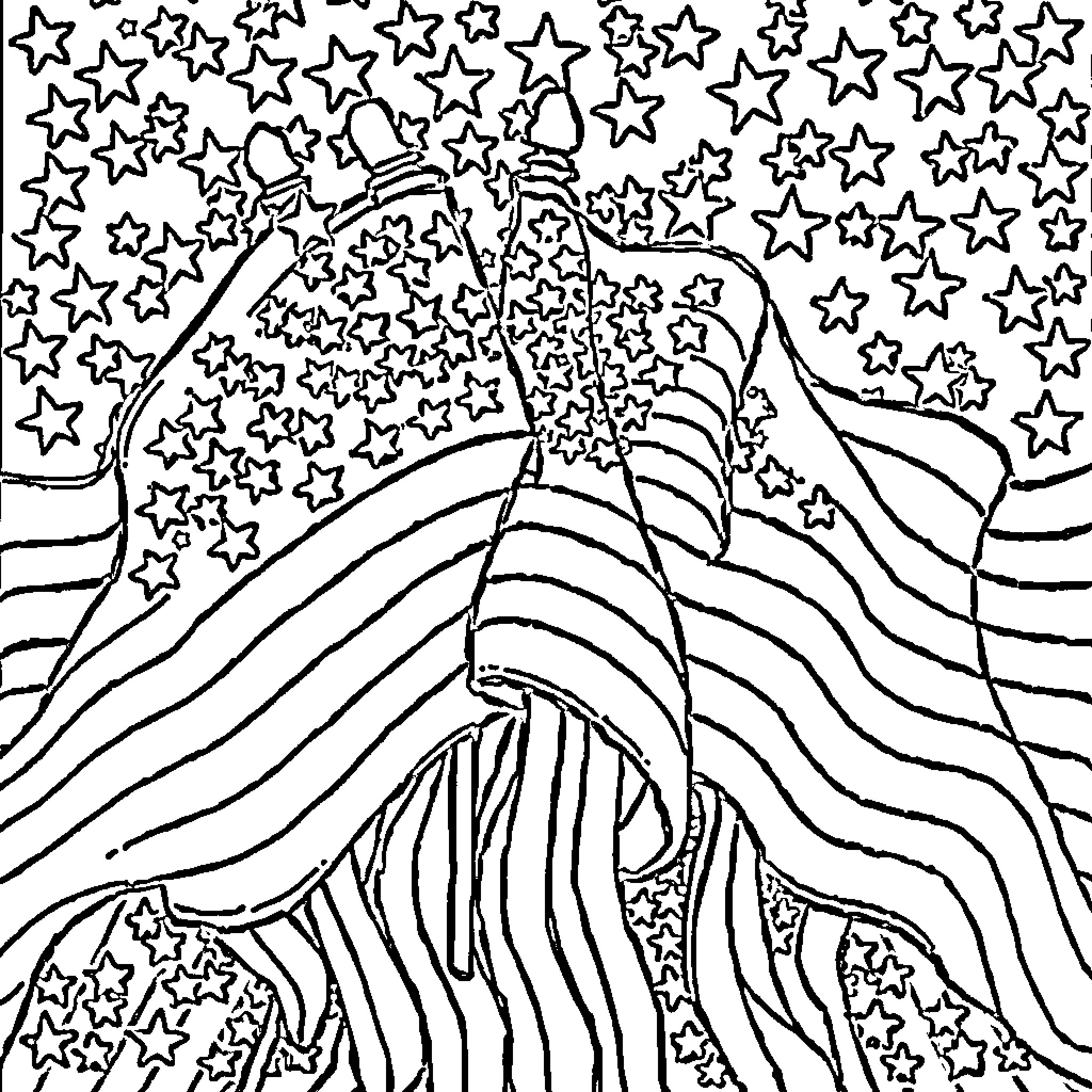 Flag with flowing stars and stripes Coloring Page (free black-and-white line drawing printable PDF for all, from beginners to advanced learners, including children, teens, adults, and seniors)