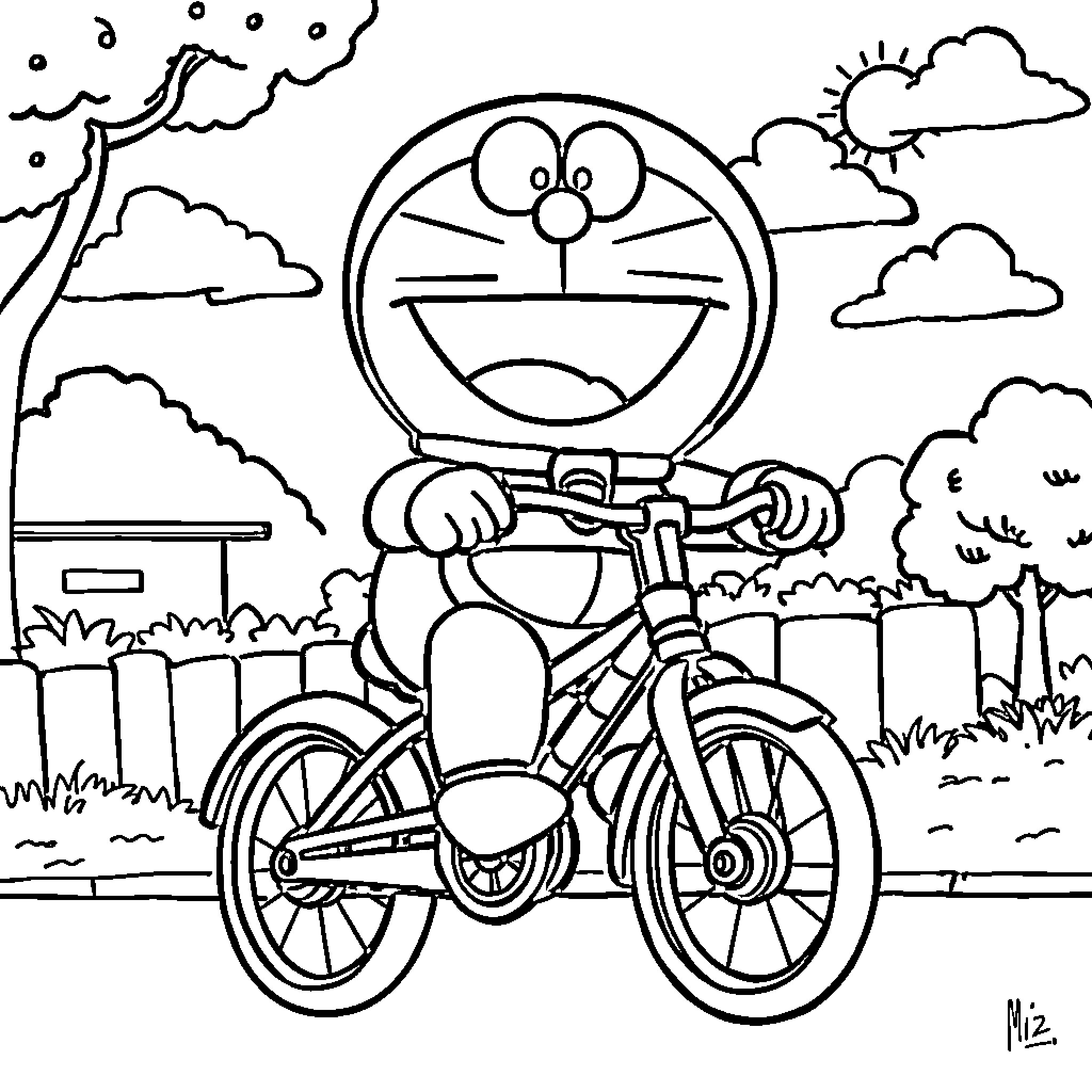 Doraemon riding a bicycle in the park Coloring Page (free black-and-white line drawing printable PDF for all, from beginners to advanced learners, including children, teens, adults, and seniors)