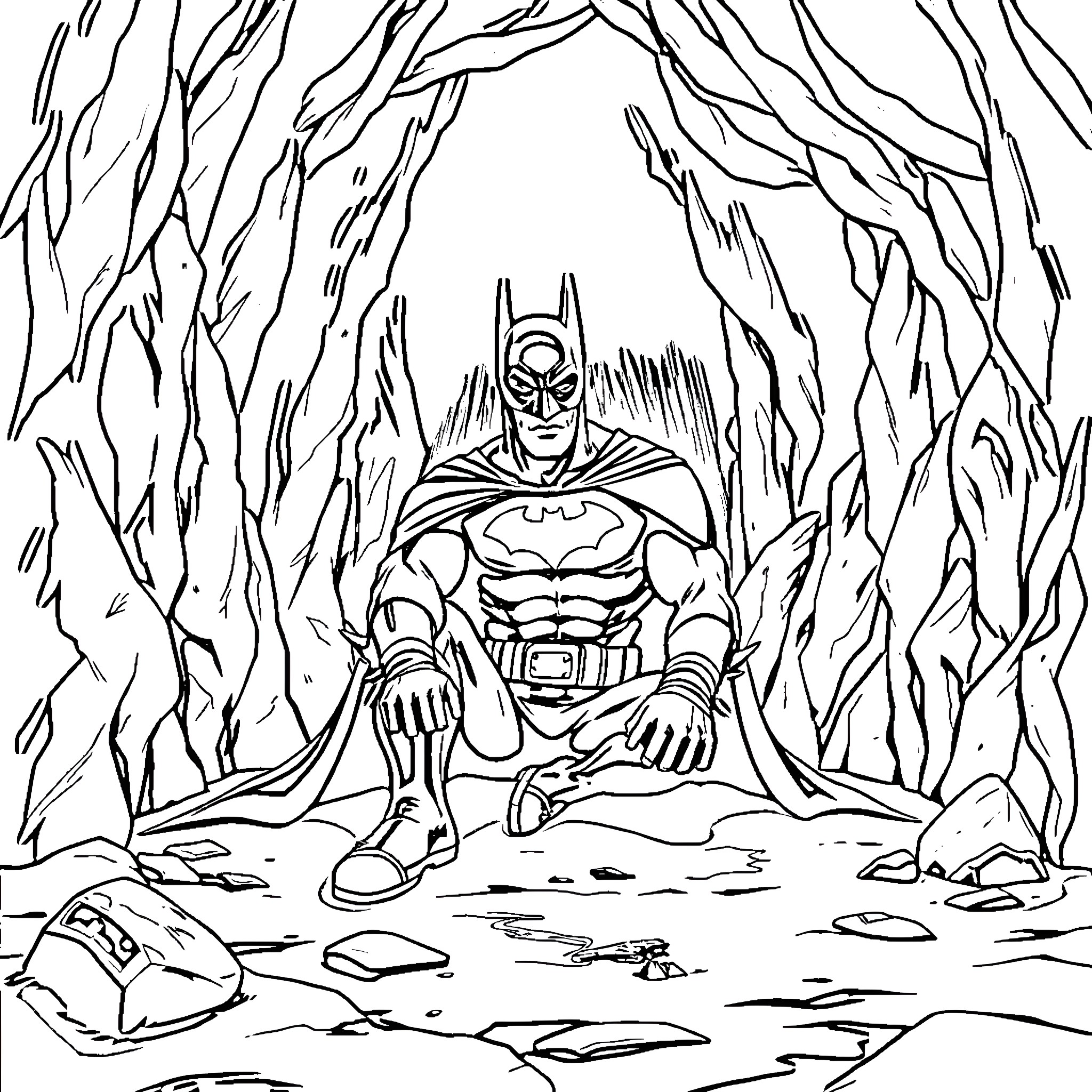 Batman in a Mysterious Forest Coloring Page (free black-and-white line drawing printable PDF for all, from beginners to advanced learners, including children, teens, adults, and seniors)