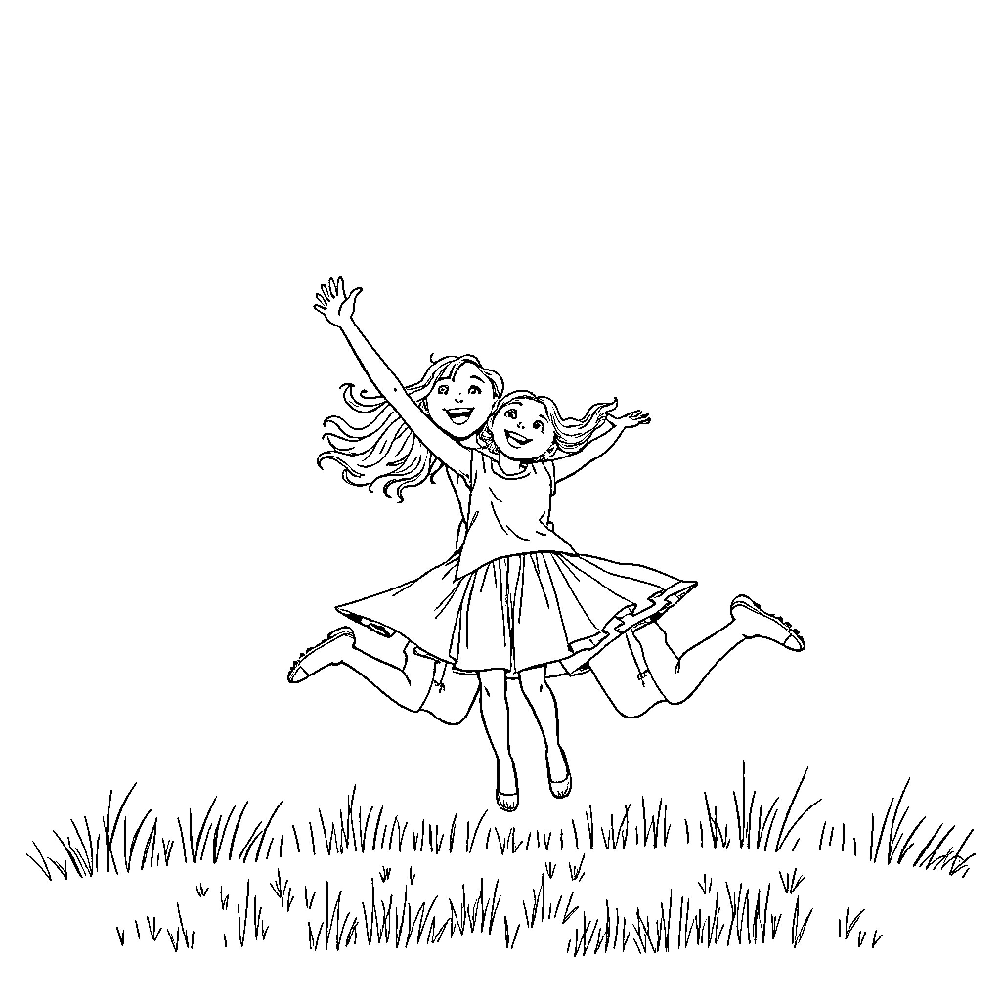 Girl joyfully jumping in a grassy field Coloring Page (free black-and-white line drawing printable PDF for all, from beginners to advanced learners, including children, teens, adults, and seniors)