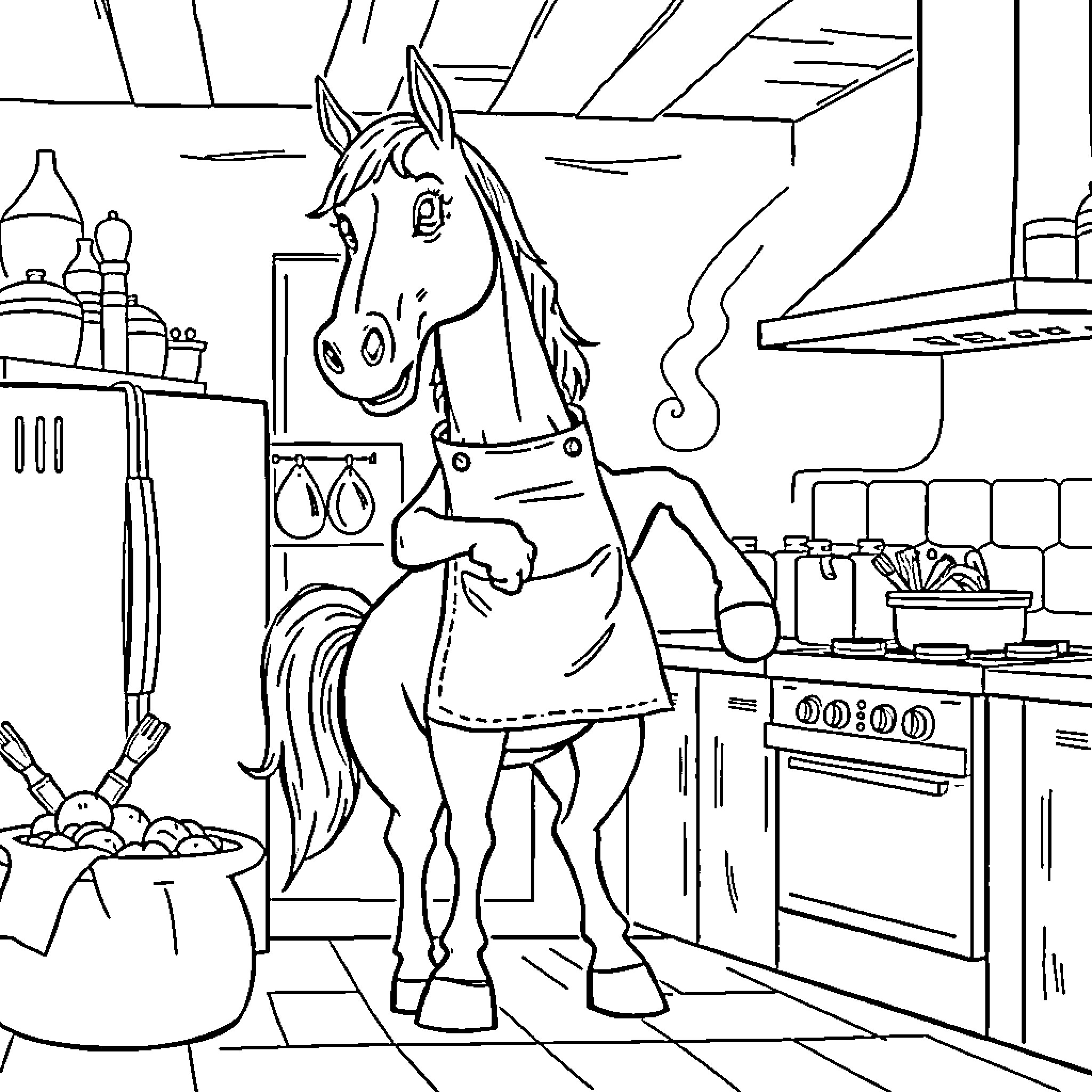 Horse serving a meal in the kitchen Coloring Page (free black-and-white line drawing printable PDF for all, from beginners to advanced learners, including children, teens, adults, and seniors)