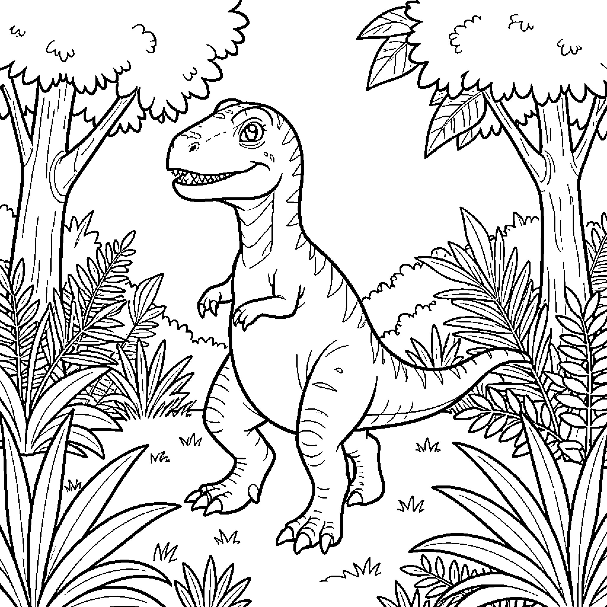 Dinosaur standing amidst lush tropical jungle plants Coloring Page (free black-and-white line drawing printable PDF for all, from beginners to advanced learners, including children, teens, adults, and seniors)