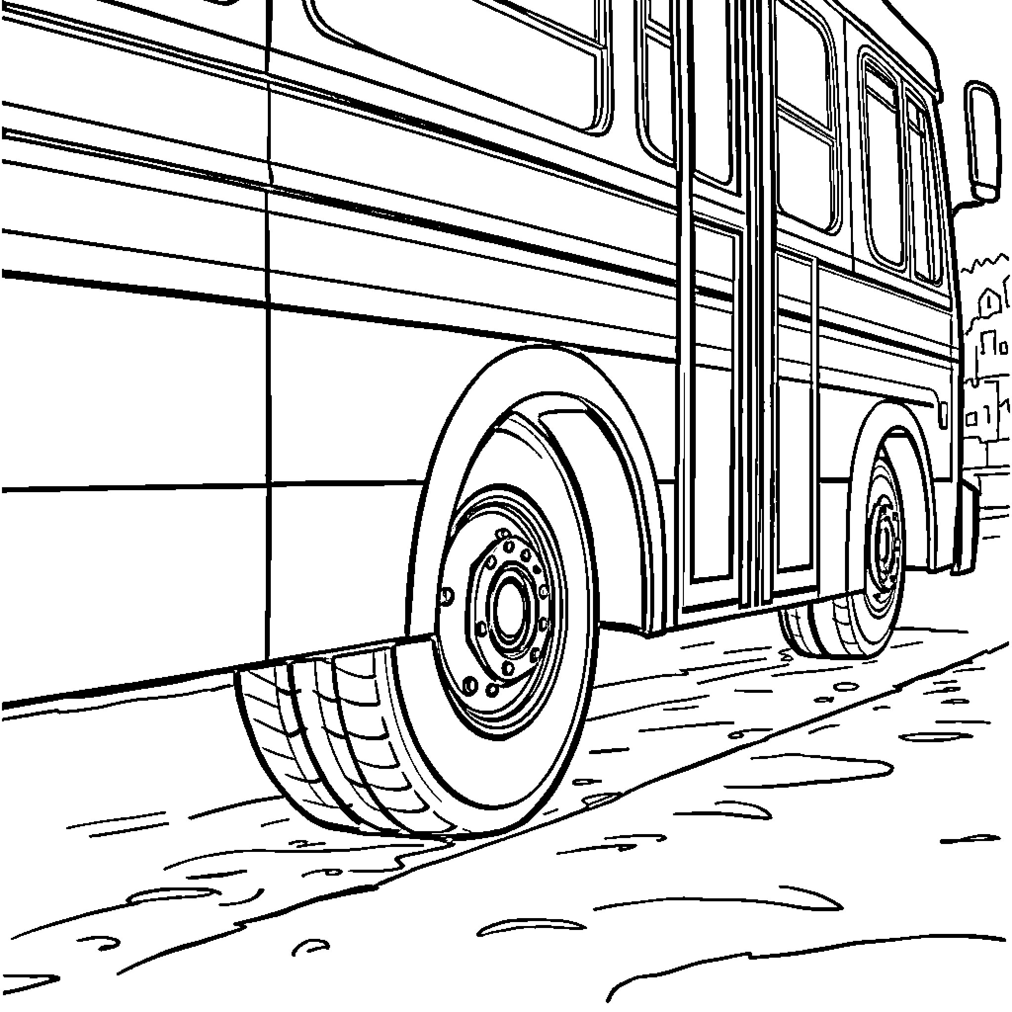 Wheel of classic bus on the road Coloring Page (free black-and-white line drawing printable PDF for all, from beginners to advanced learners, including children, teens, adults, and seniors)