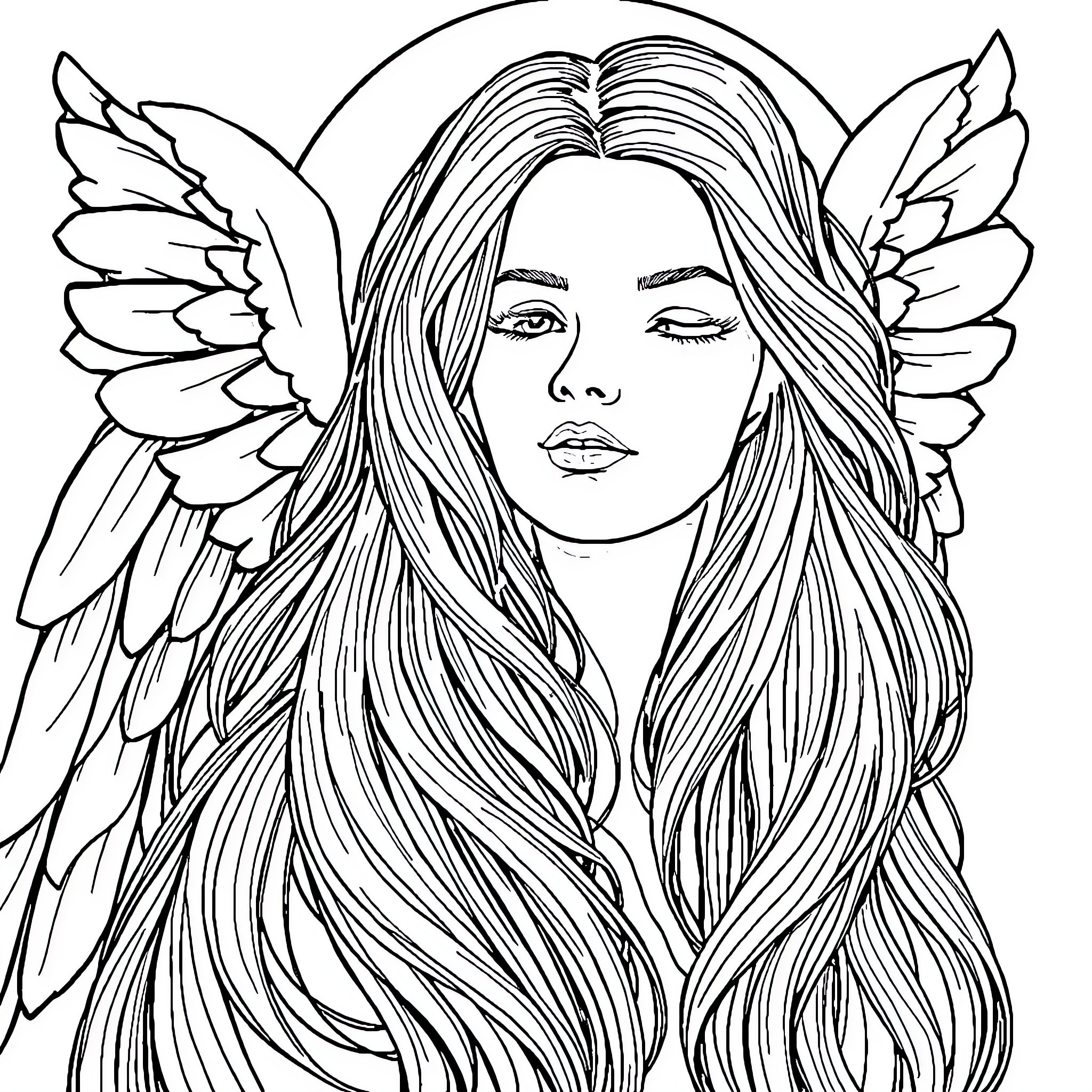 Angel with Flowing Hair and Angelic Wings Coloring Page (free black-and-white line drawing printable PDF for all, from beginners to advanced learners, including children, teens, adults, and seniors)