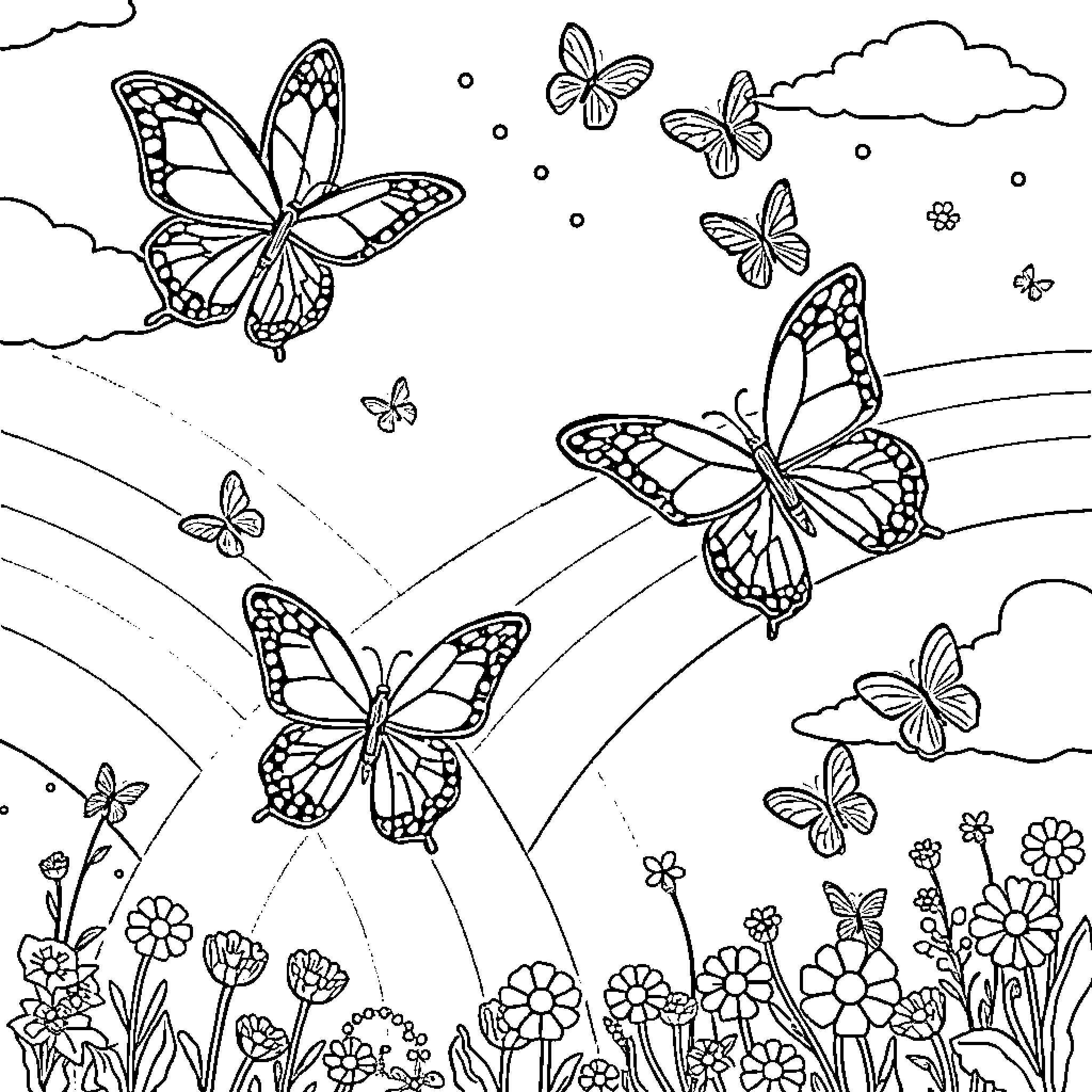 Butterfly garden with fluttering butterflies Coloring Page (free black-and-white line drawing printable PDF for all, from beginners to advanced learners, including children, teens, adults, and seniors)