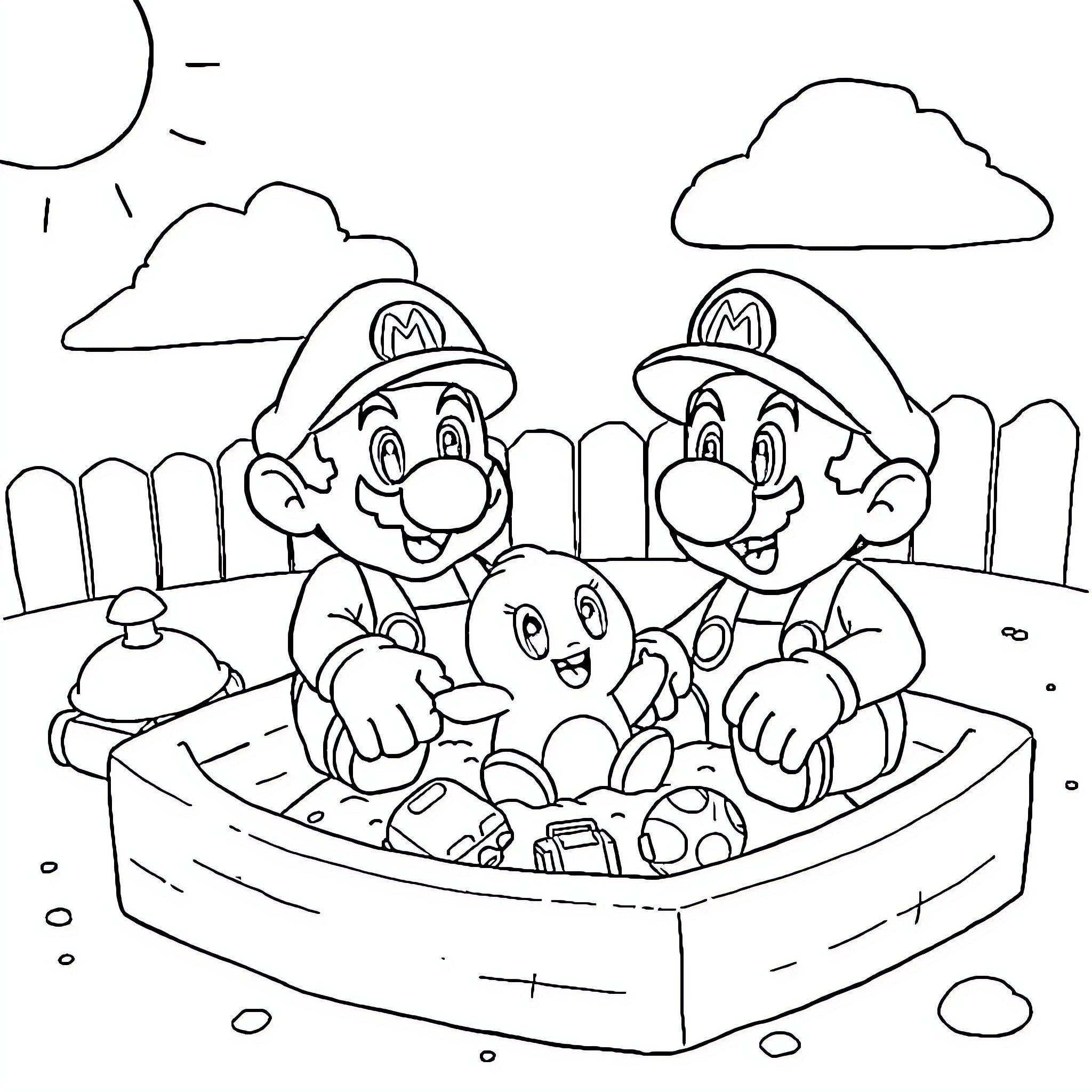 Mario and Luigi playing together in a sandbox Coloring Page (free black-and-white line drawing printable PDF for all, from beginners to advanced learners, including children, teens, adults, and seniors)