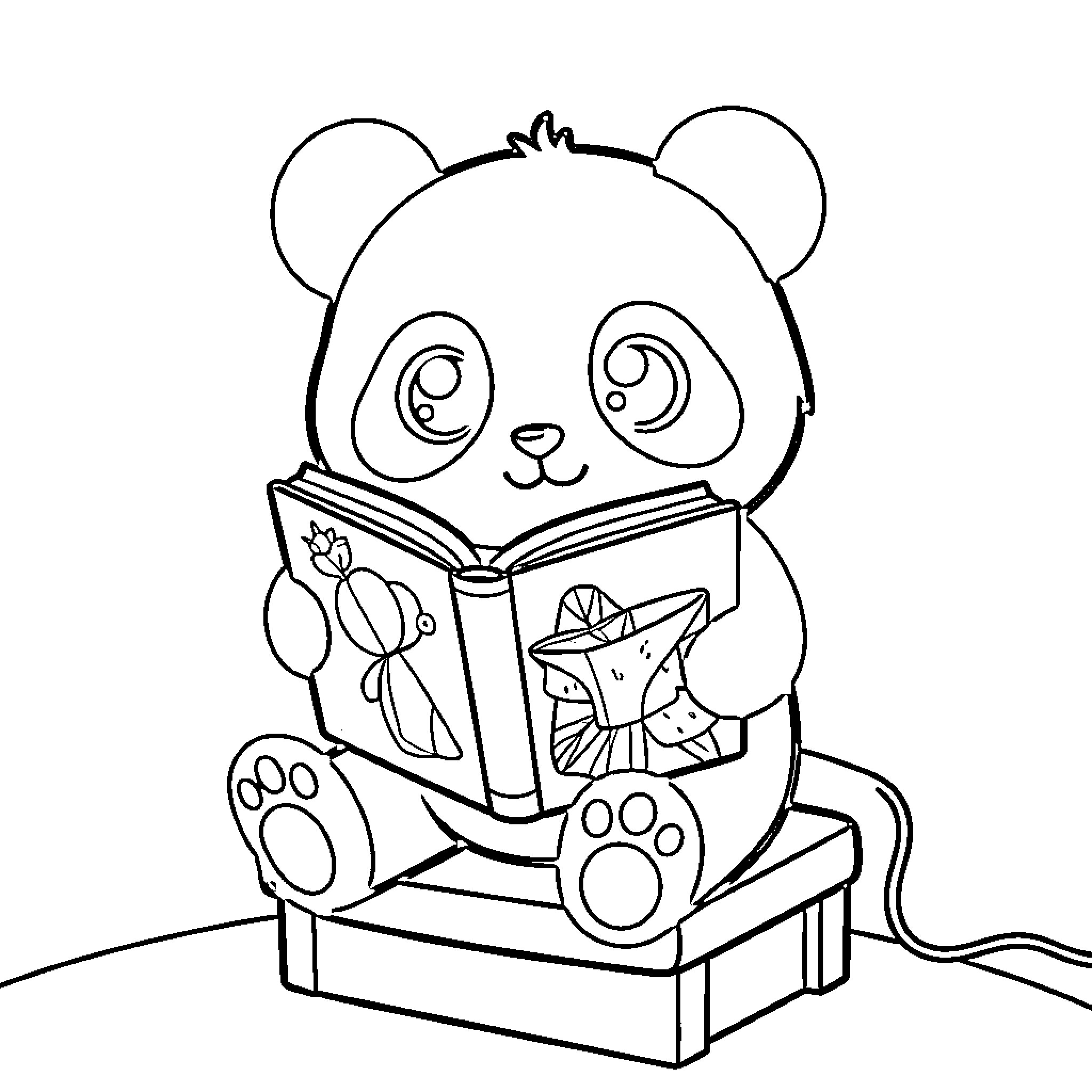 Panda reading a book on a chair Coloring Page (free black-and-white line drawing printable PDF for all, from beginners to advanced learners, including children, teens, adults, and seniors)