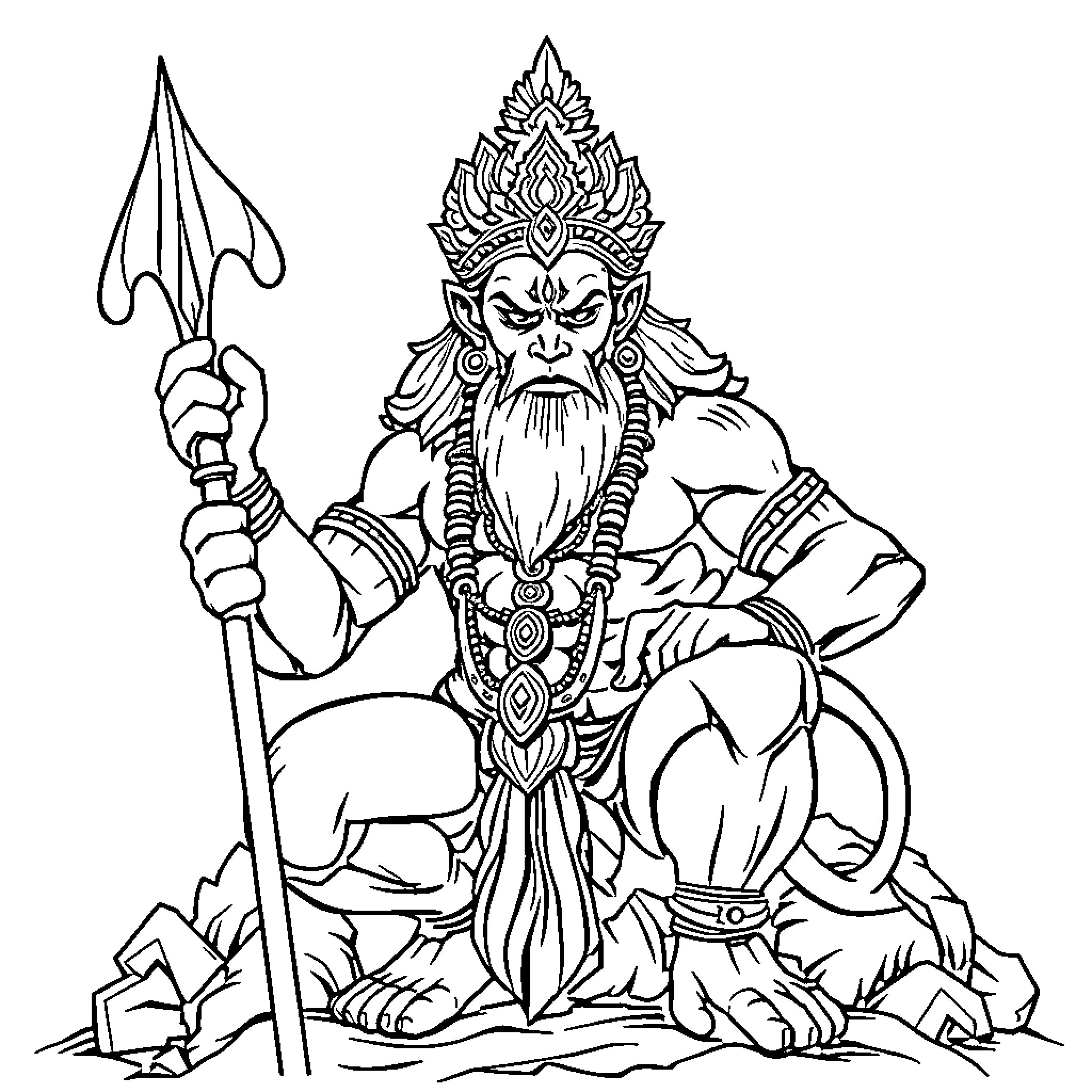 Hanuman, the powerful and fierce Hindu deity Coloring Page (free black-and-white line drawing printable PDF for all, from beginners to advanced learners, including children, teens, adults, and seniors)
